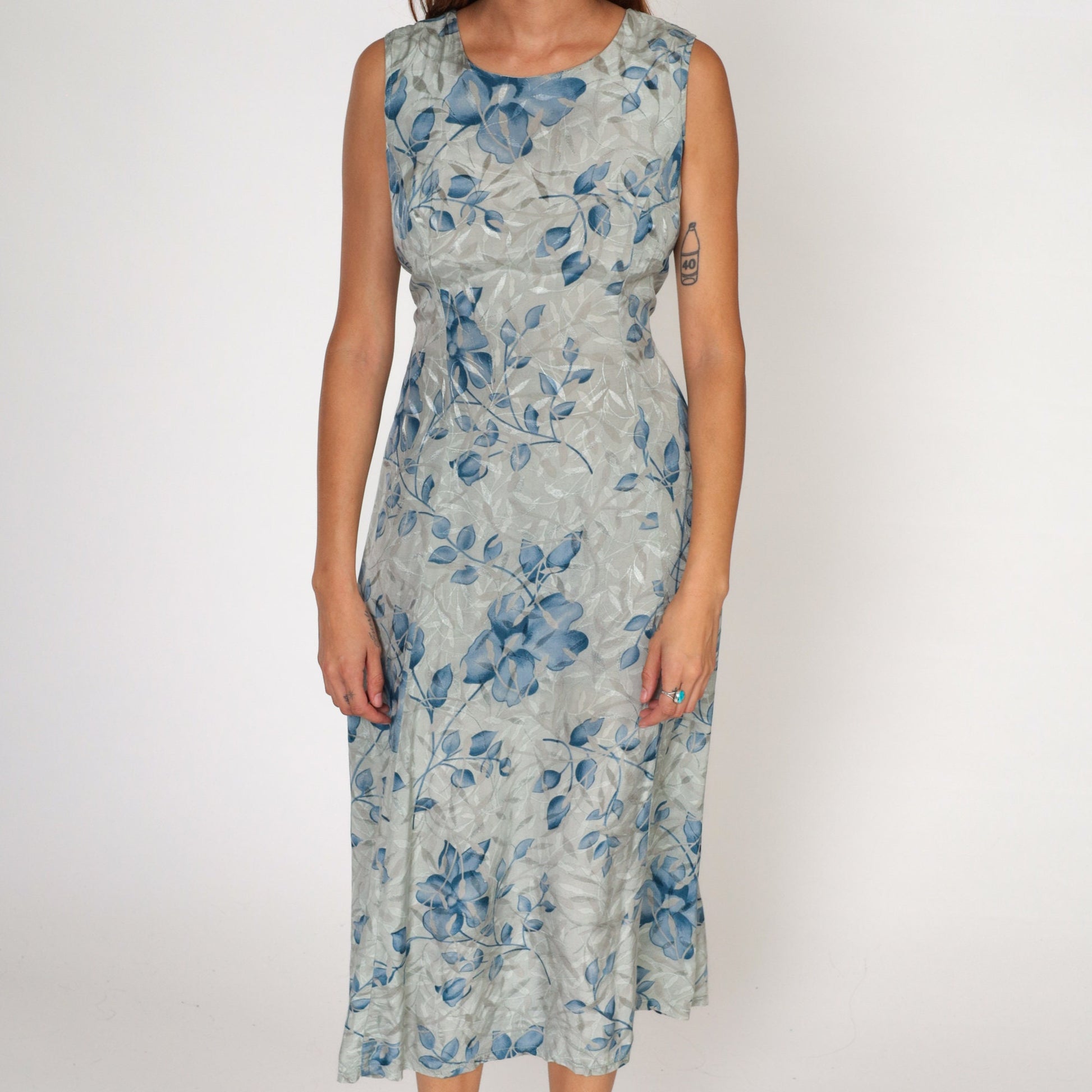 00s Fashion Bug Floral Midi Dress Grey Blue Embossed Leaf Sleeveless Medium 10