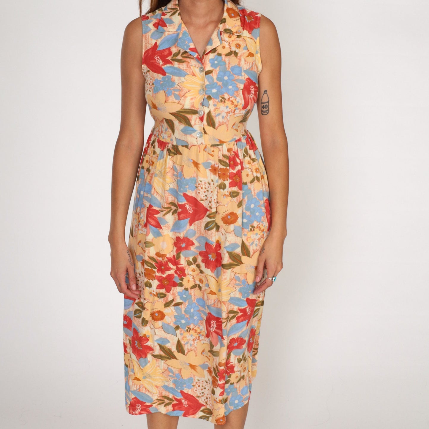90s Floral Button-Up Midi Dress Sleeveless High Waist Red Yellow Blue Small