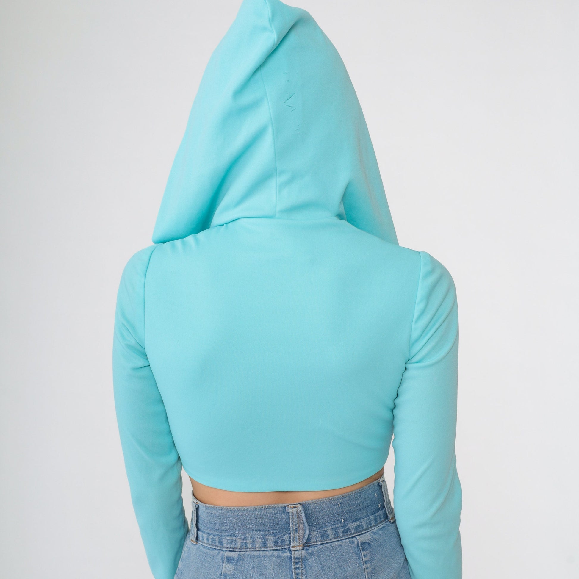 70s Aqua Hooded Crop Top Deep V Neck Long Sleeve Small S