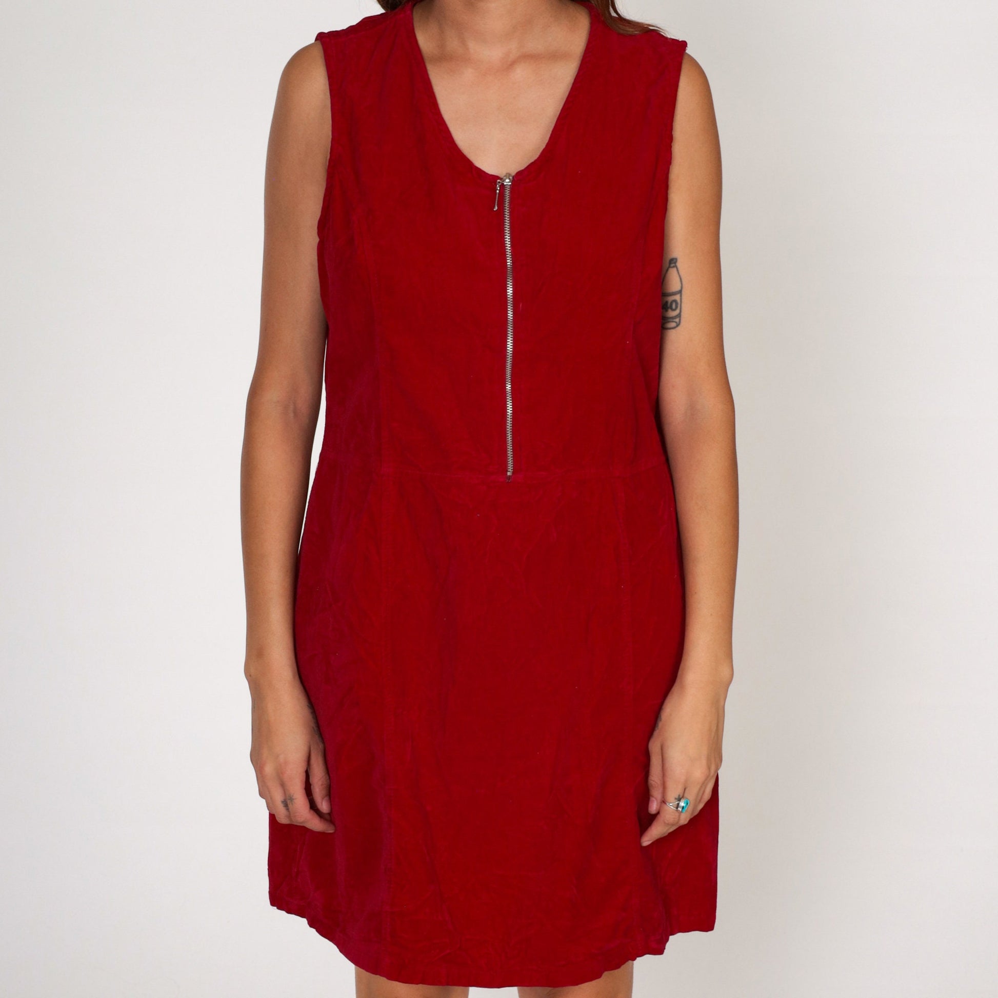 00s Faded Glory Velvet Jumper Dress Red Mini Shift Zip Front Large L