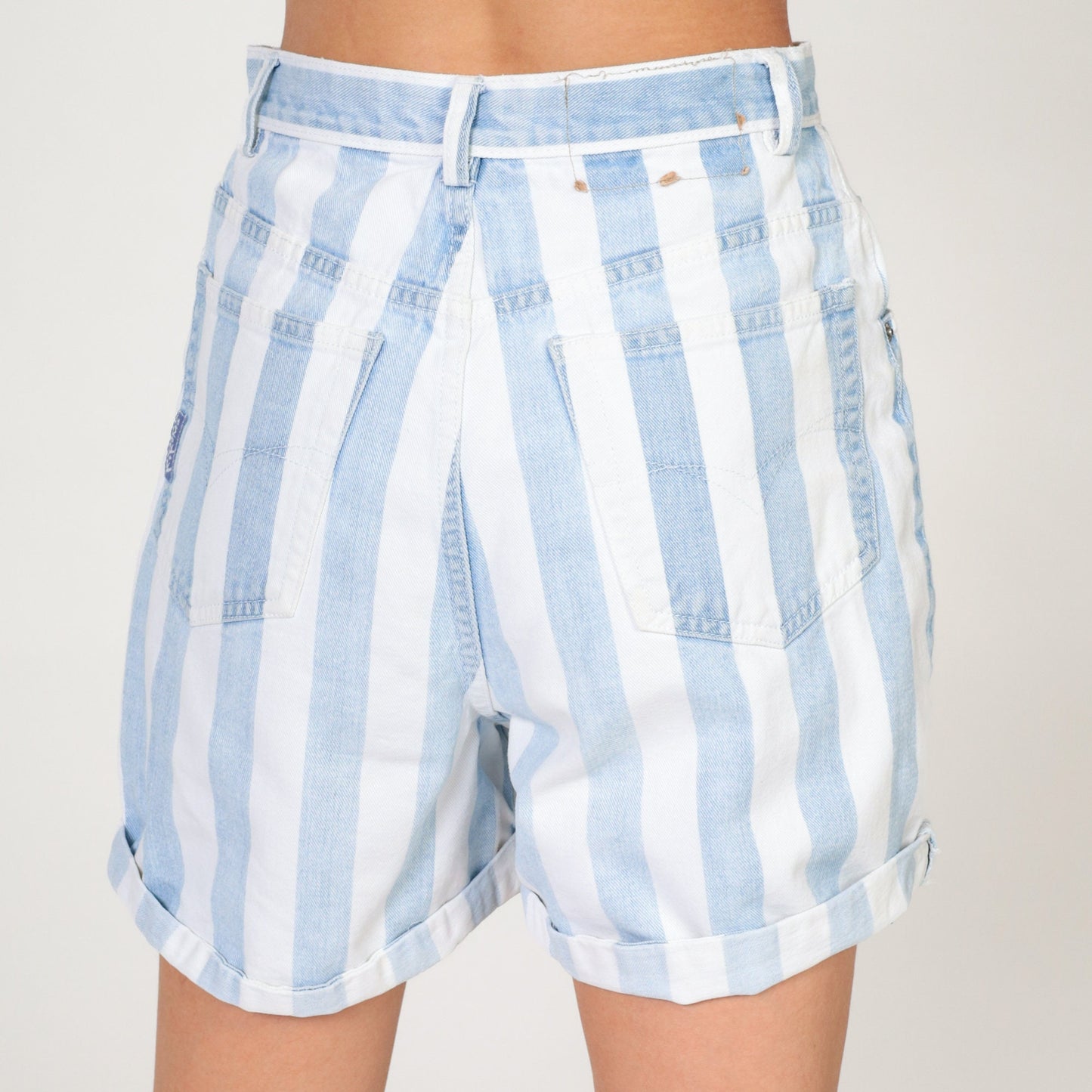 90s Striped Blue White Denim Shorts High Waisted Cuffed Small