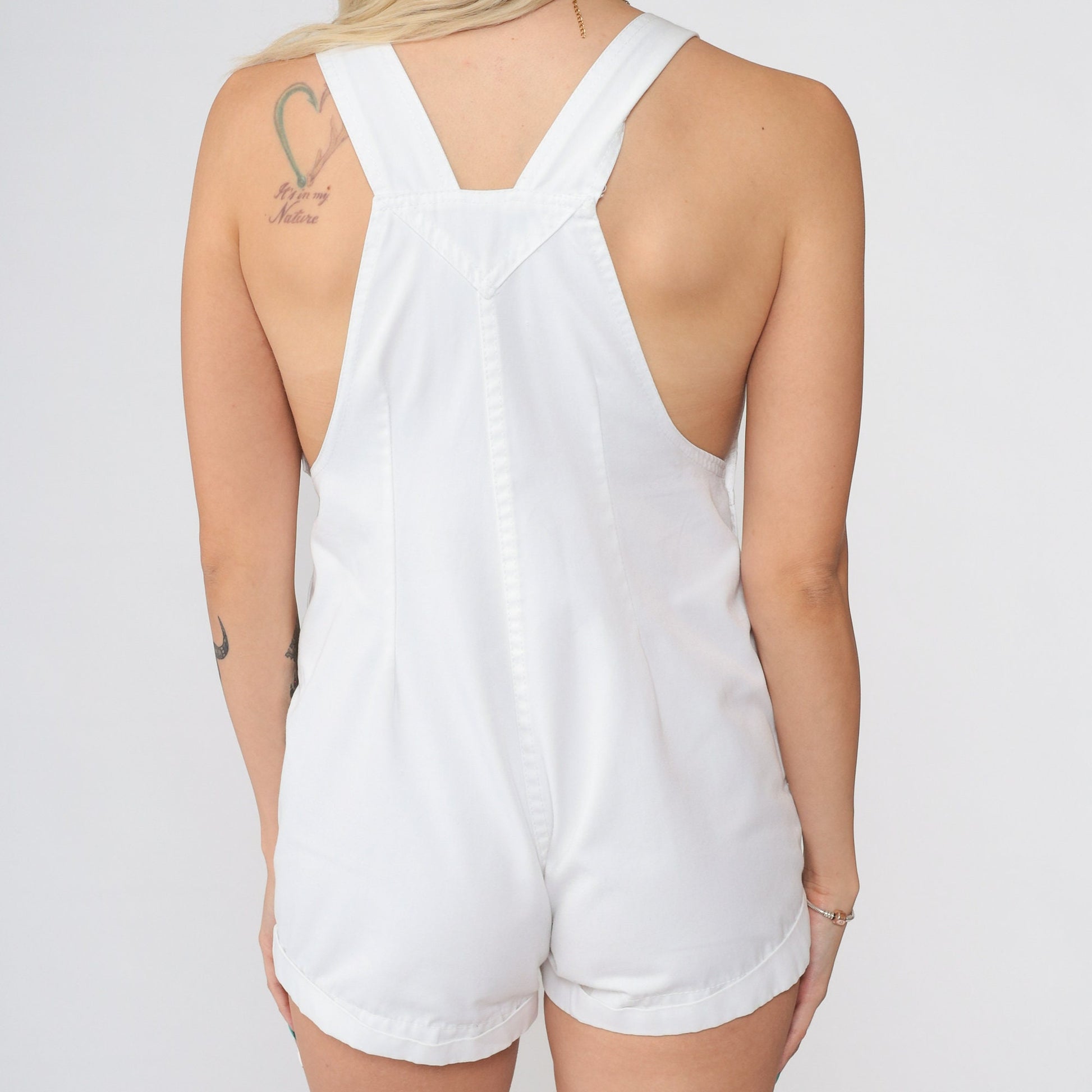 80s White High-Waisted Romper Playsuit Sleeveless Bib Pocket XXS