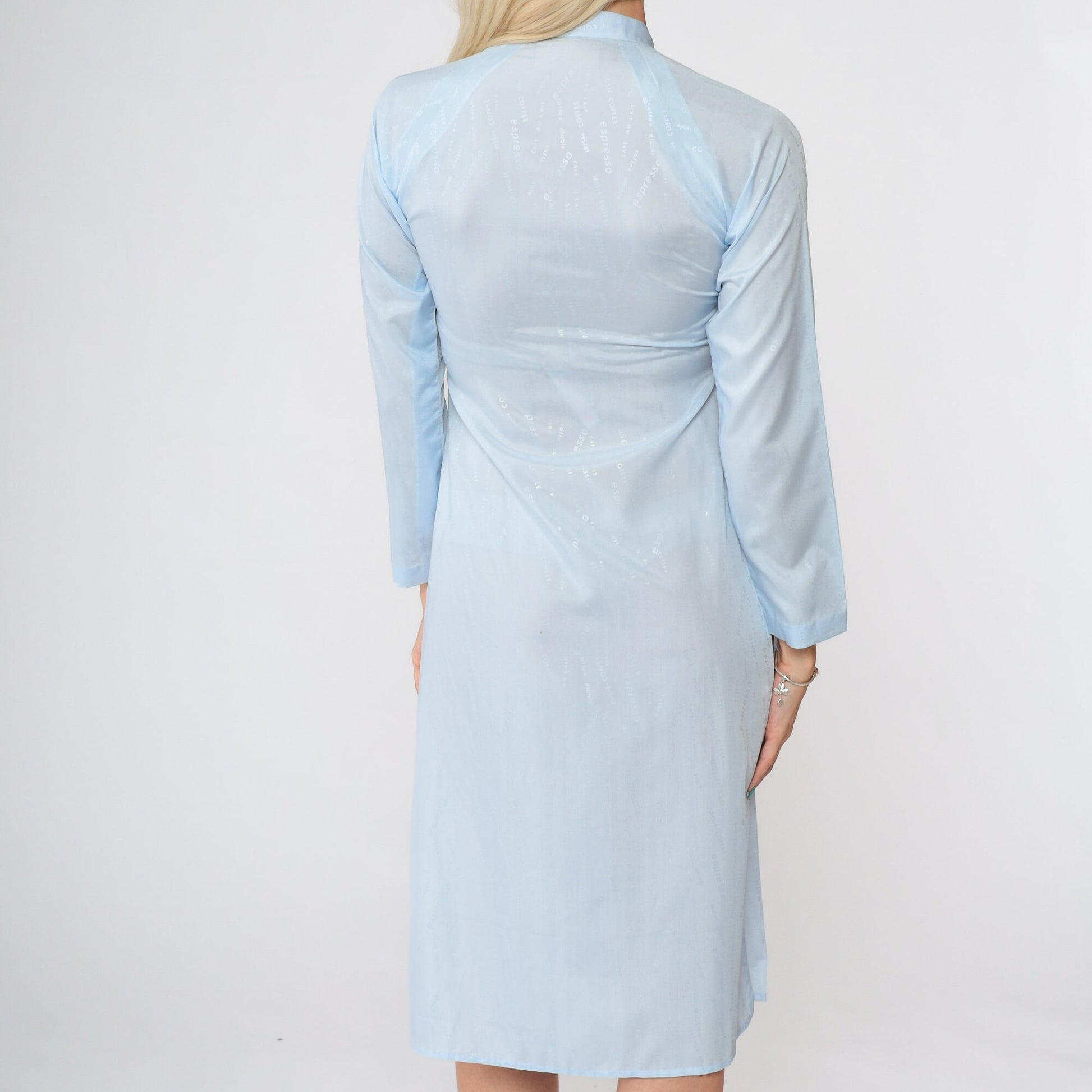 90s Vietnamese Ao Dai Midi Dress Baby Blue Coffee Graphic Mandarin Collar Extra Small