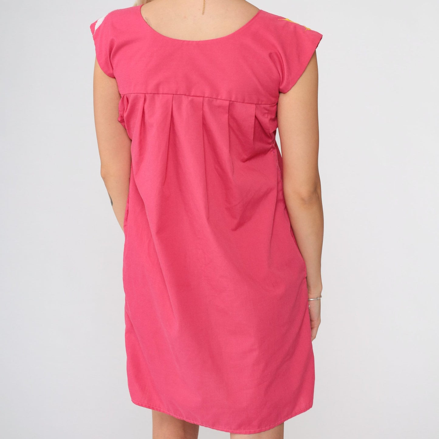 80s Mexican Embroidered Mini Dress Pink Floral Bird Cap Sleeve Cotton XXS