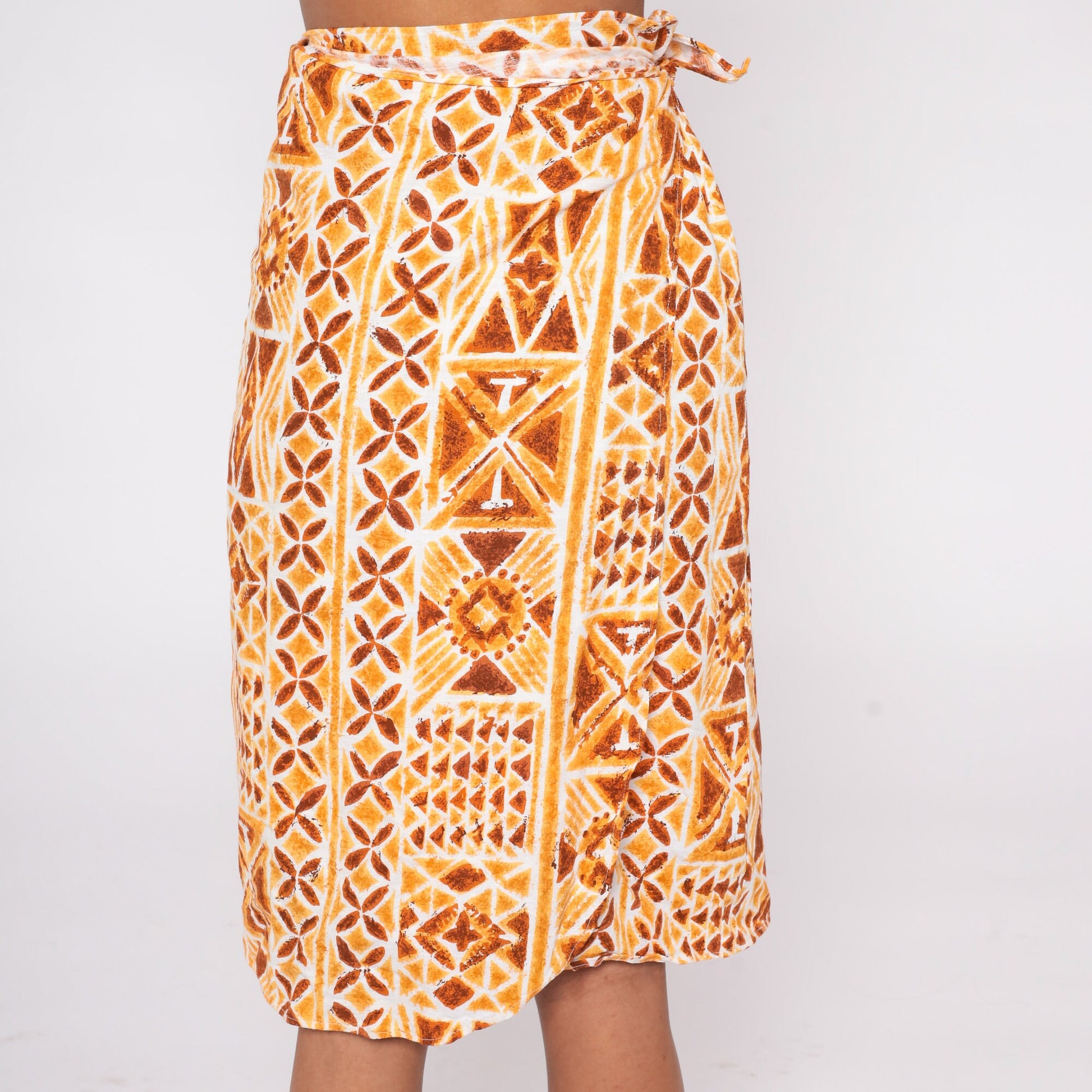 90s Geometric Stamp Print Wrap Skirt Knee Length Orange Extra Small XS