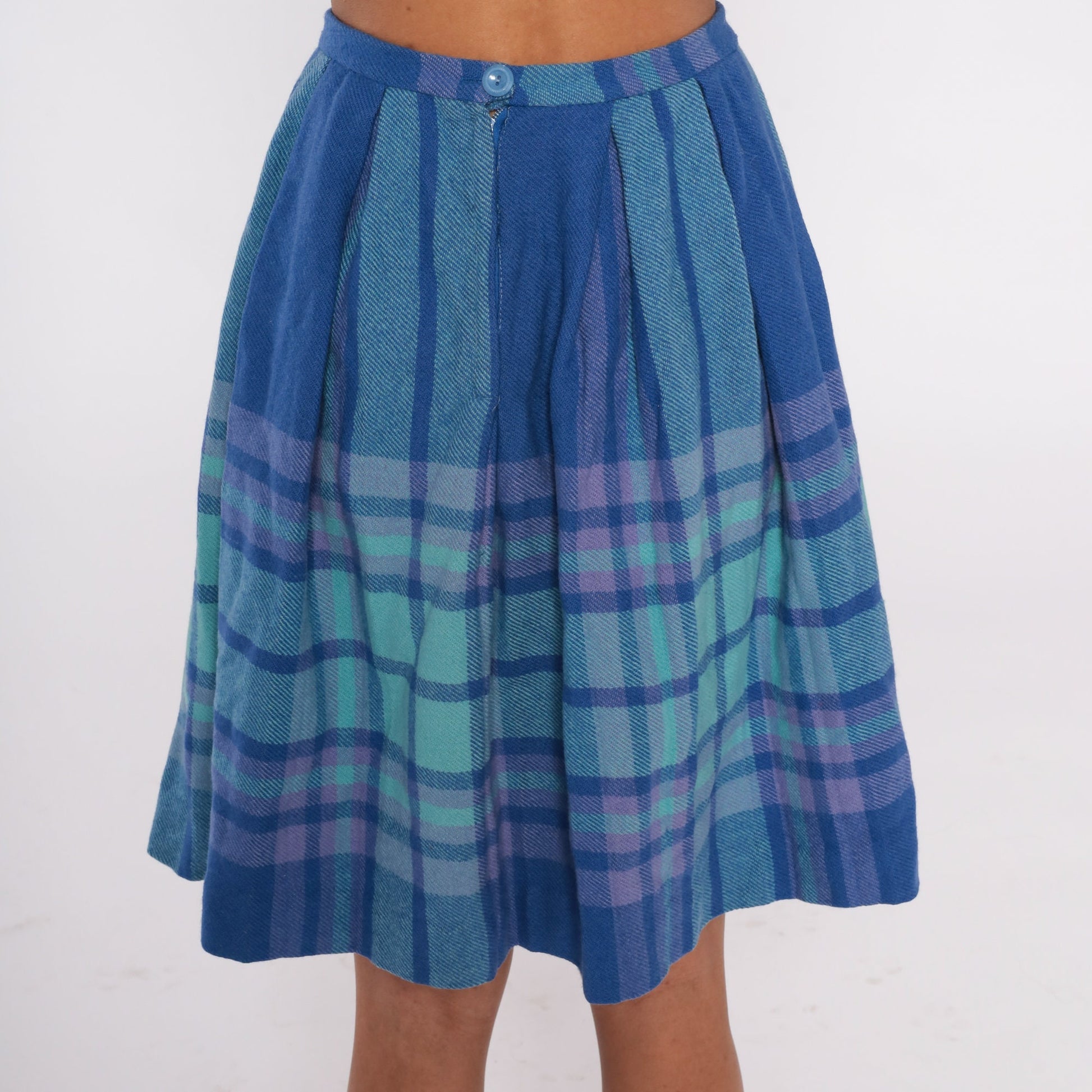 70s Blue Plaid Wool Mini Skirt High Waisted Pleated Tartan Extra Small