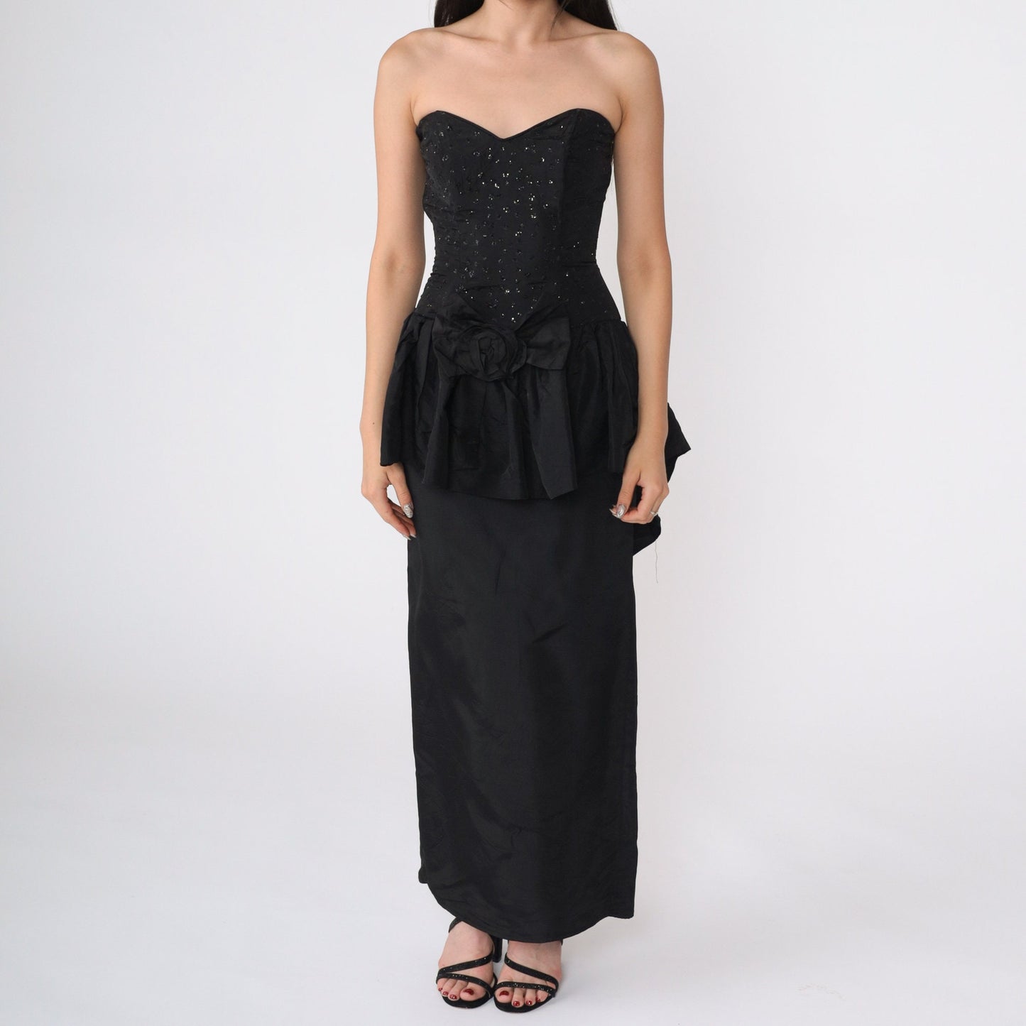 80s Gunne Sax Black Glitter Strapless Maxi Dress Sweetheart Neckline XXS