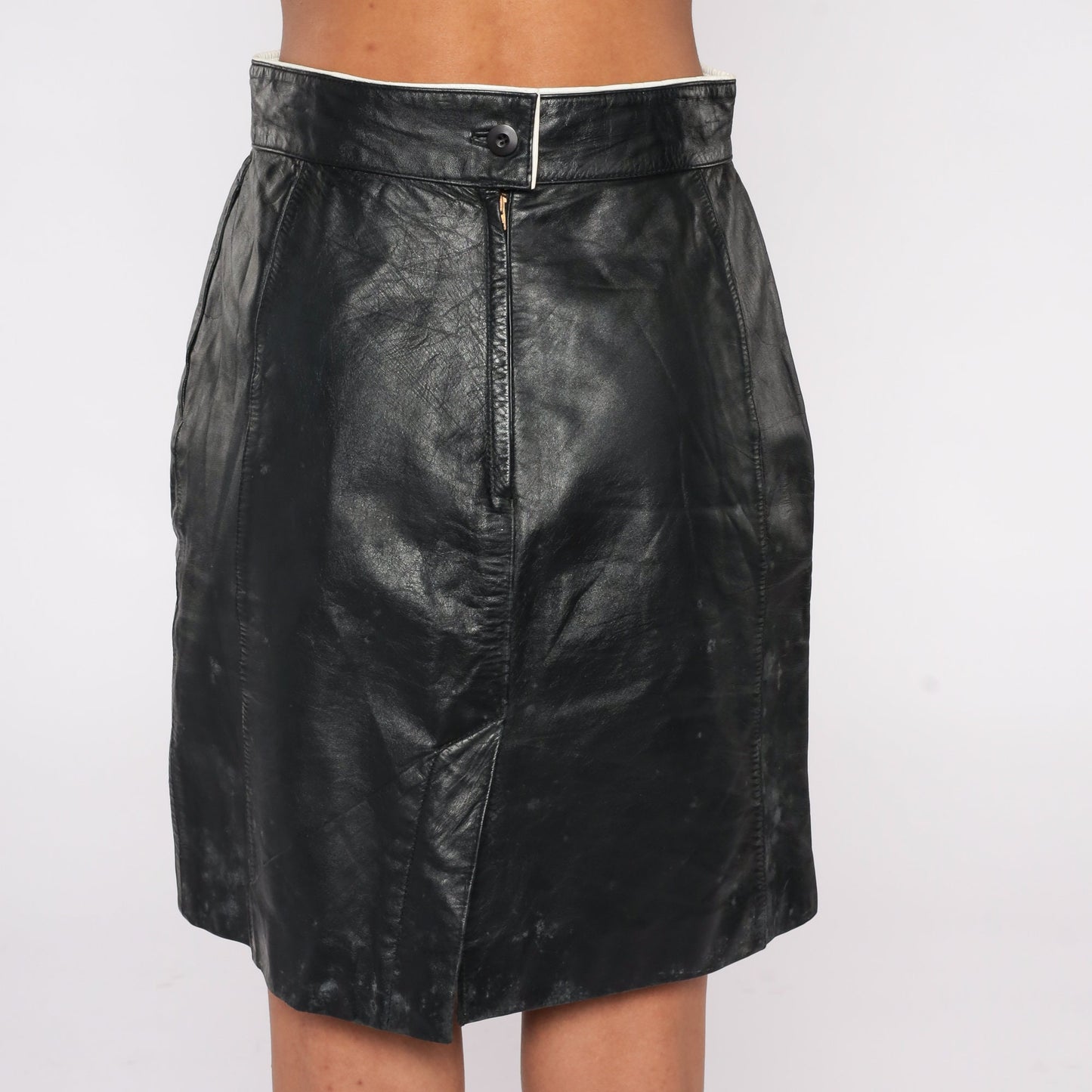 90s Black Leather Mini Skirt High Waisted Pencil White Trim Small S