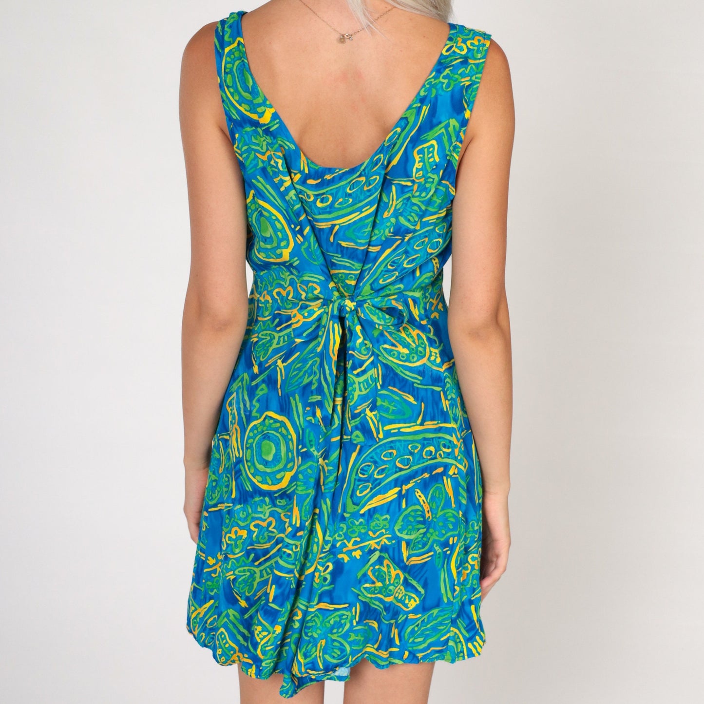 90s Big Hed Designs Tropical Mini Dress Abstract Palm Print Blue Green Small