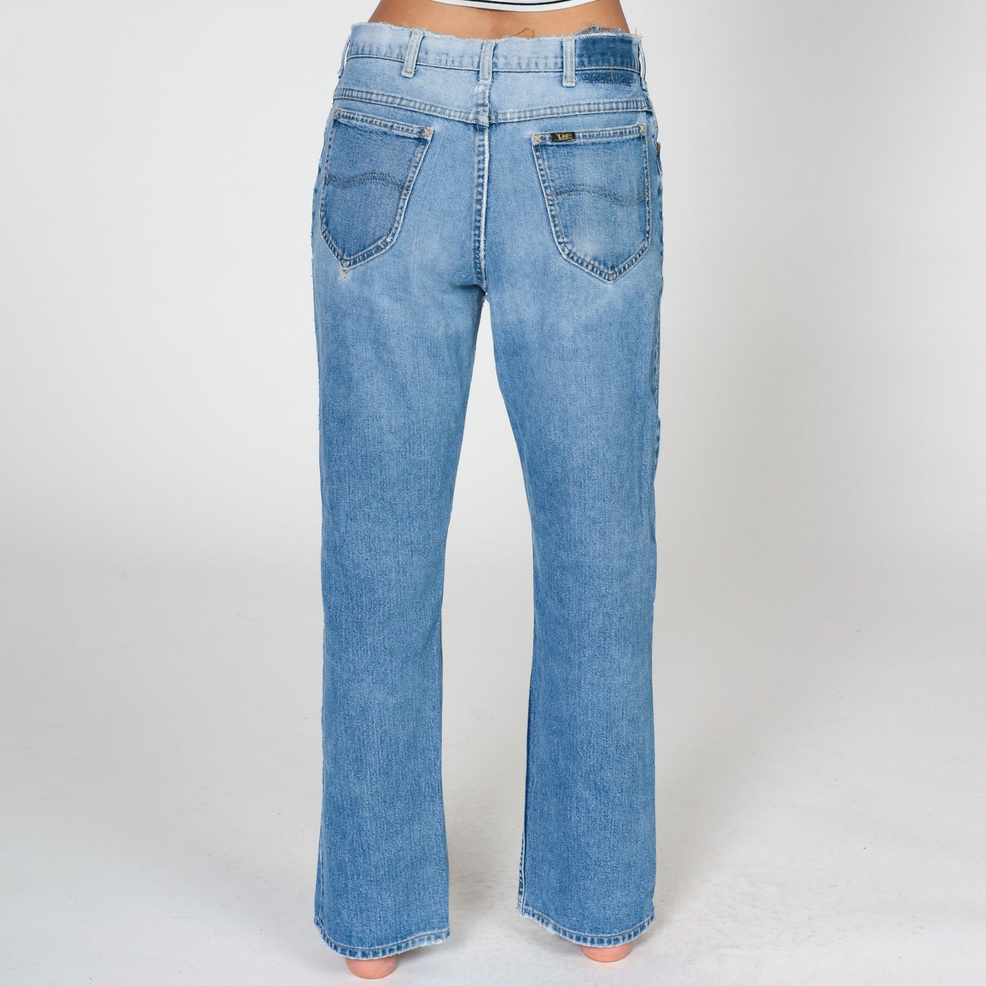 80s Lee High Waist Straight Leg Jeans Distressed Blue Denim Men's 33