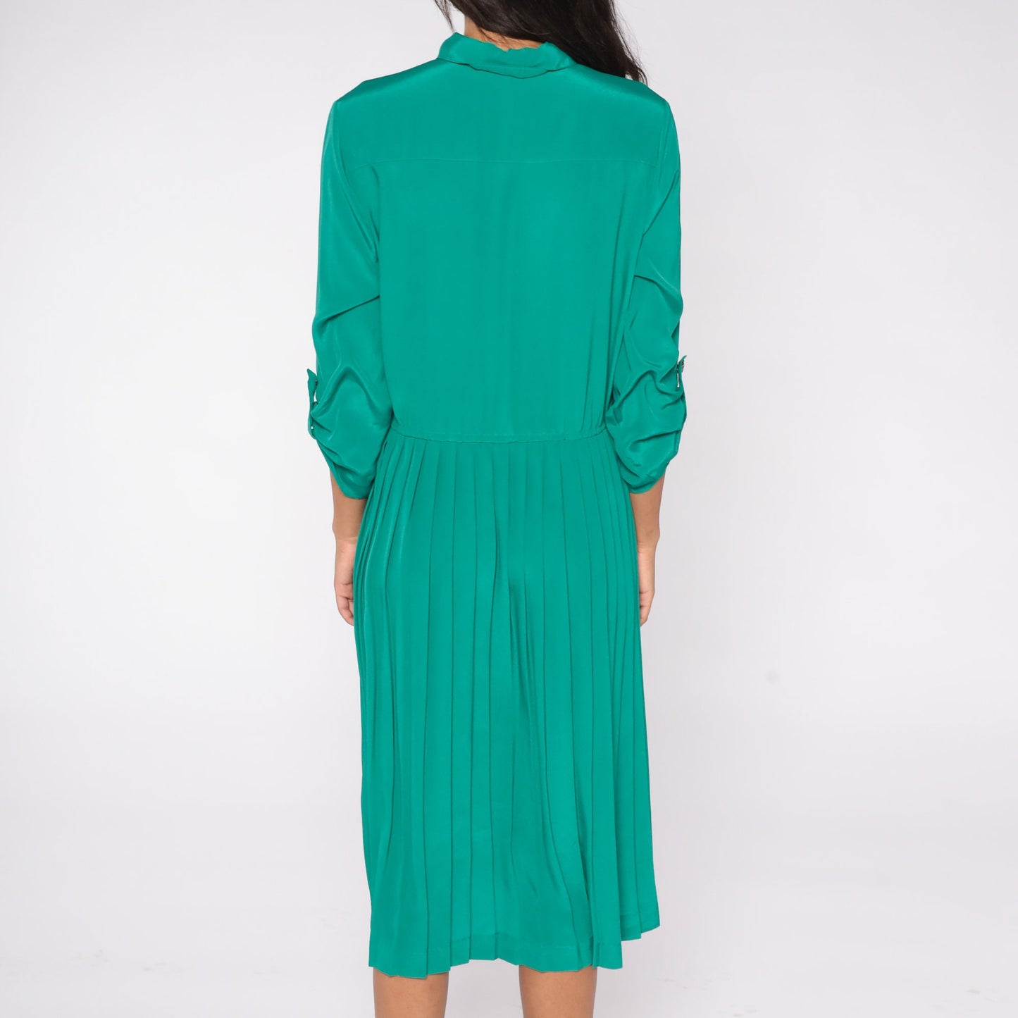 80s Green Satin Shirtdress Pleated High Waist Button-Up Midi Large