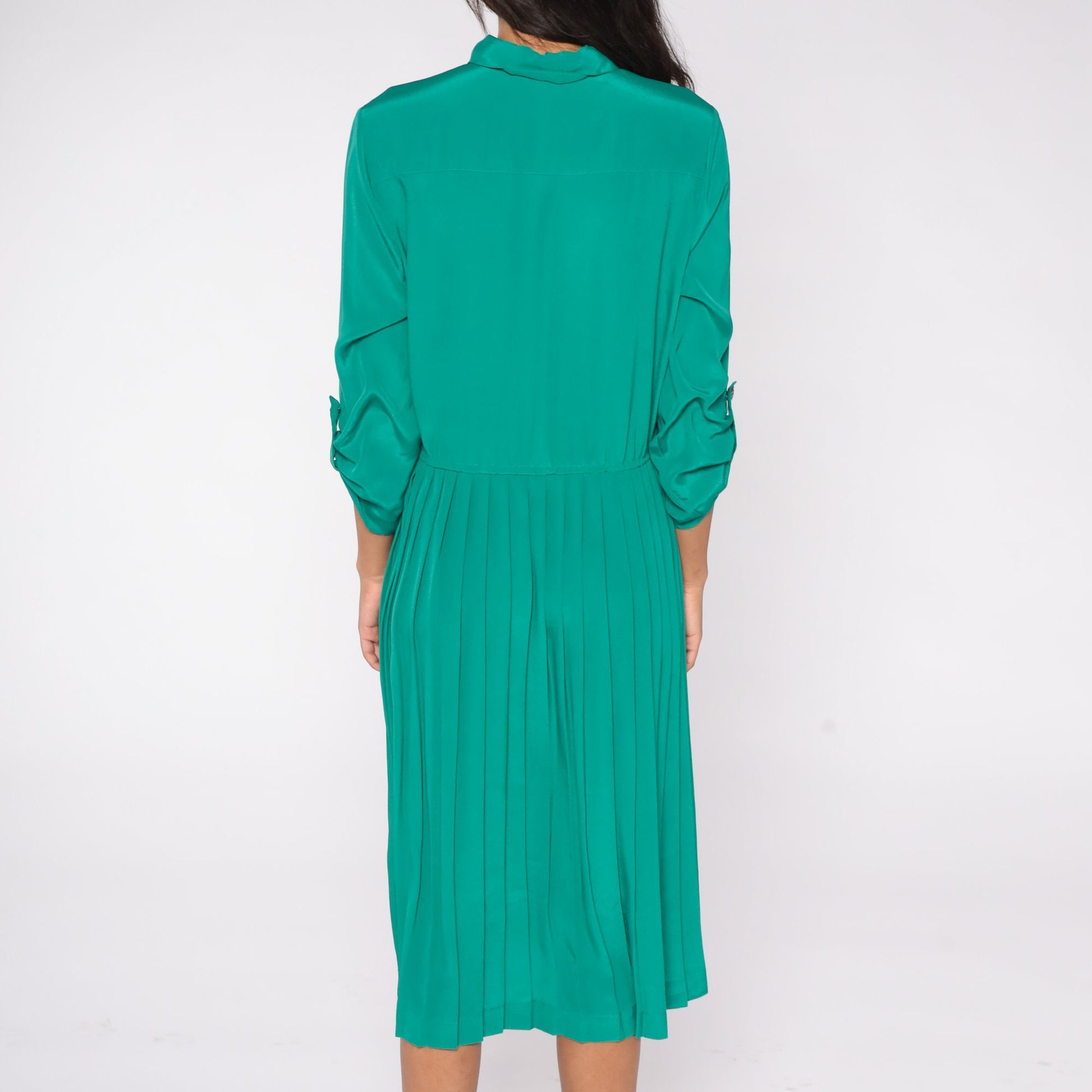 80s Green Satin Shirtdress Pleated High Waist Button-Up Midi Large