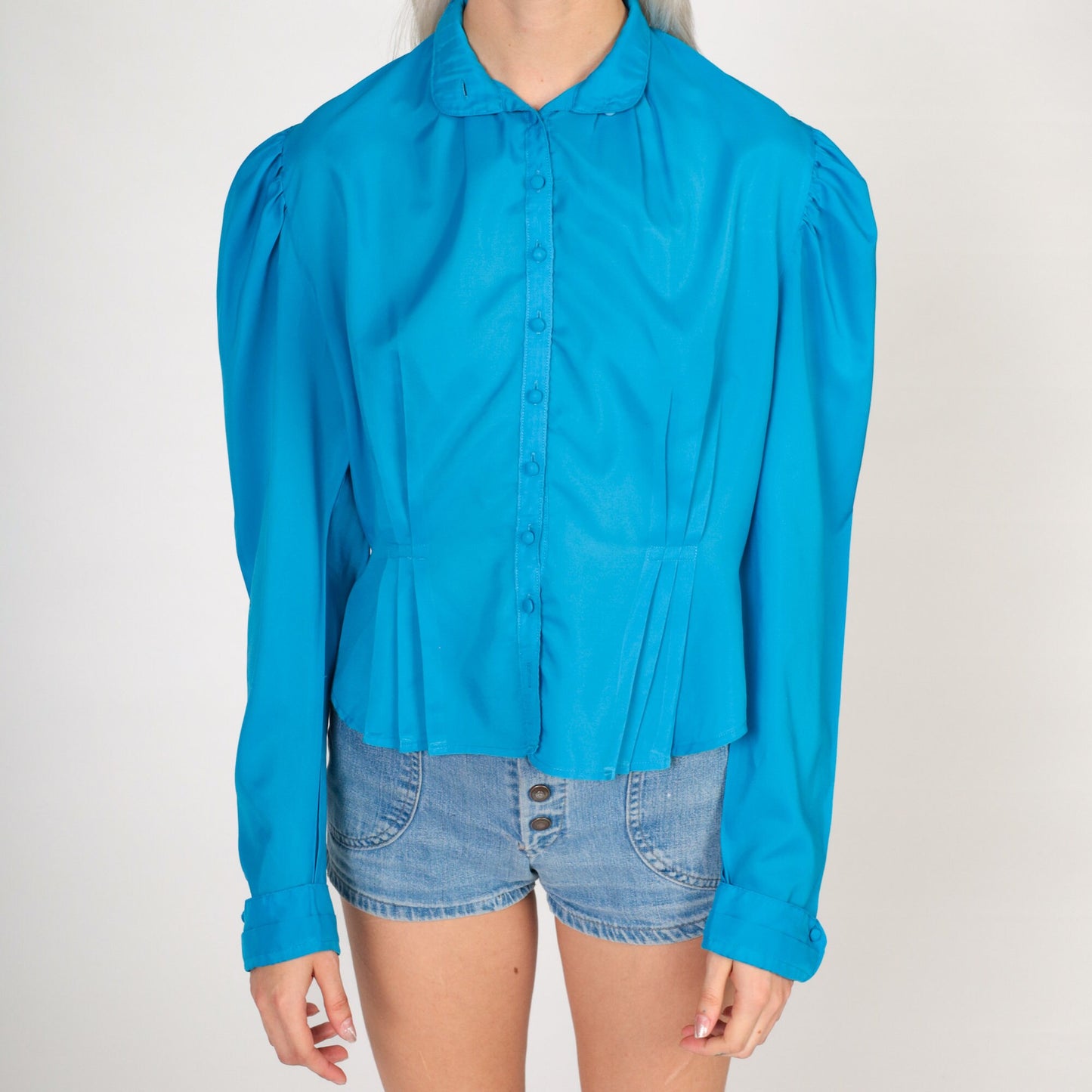80s Blue Puff Sleeve Button-Up Blouse Peter Pan Collar Medium