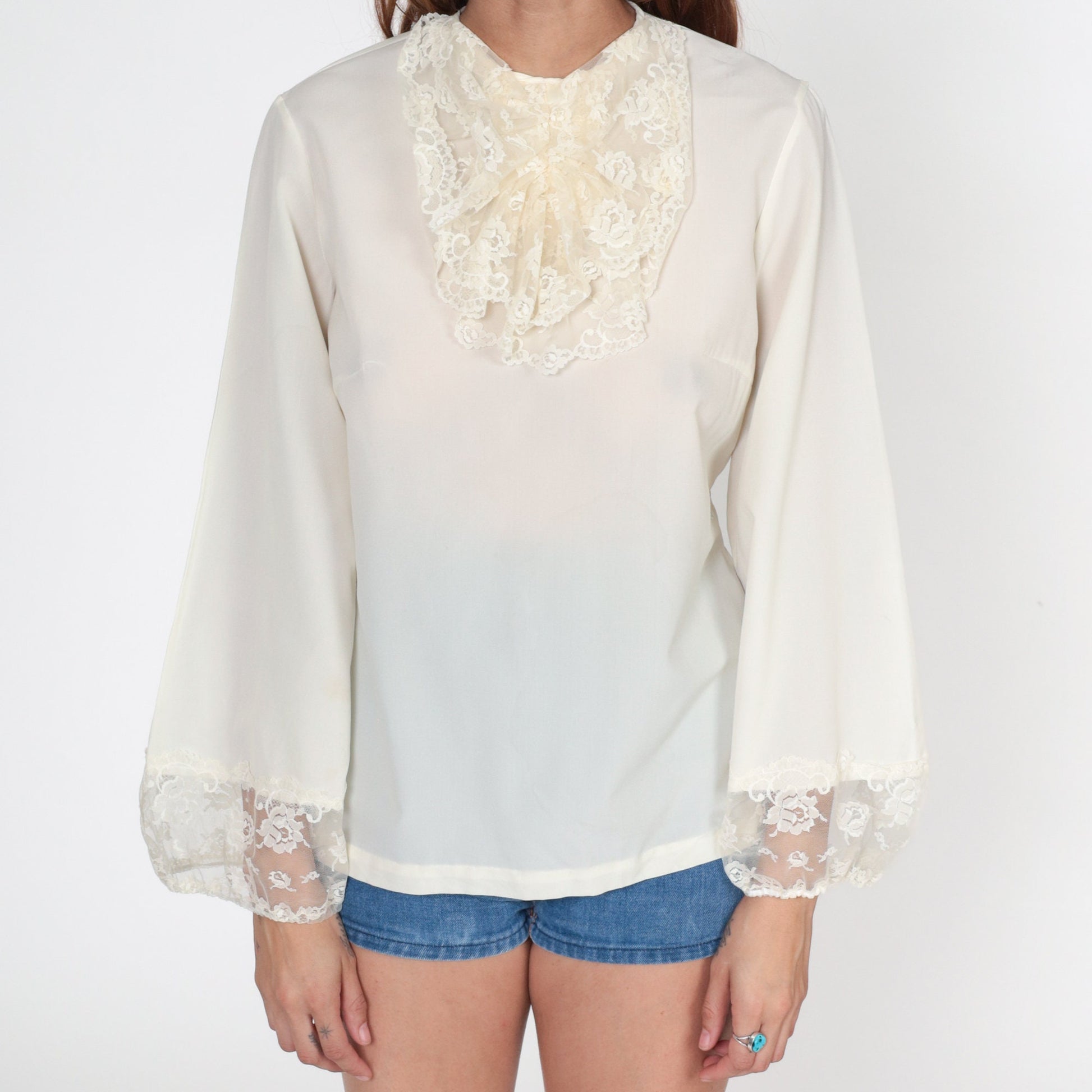 70s Off-White Lace Ruffle Tuxedo Blouse Button Back Long Sleeve Small