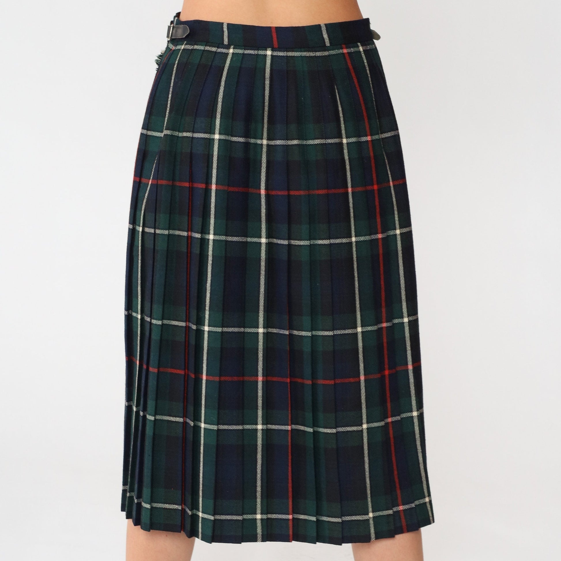 80s Navy Plaid Wool Midi Skirt High Waist Pleated Kilt Medium