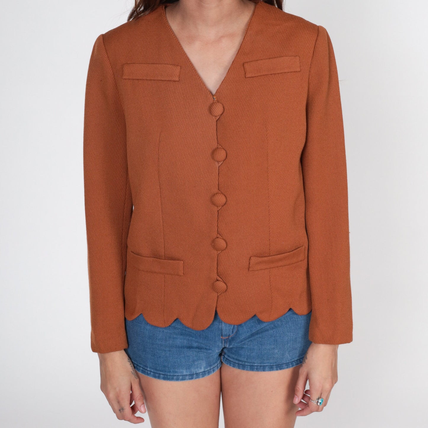 60s Wool Blazer Brown Scalloped Edge Jacket Small