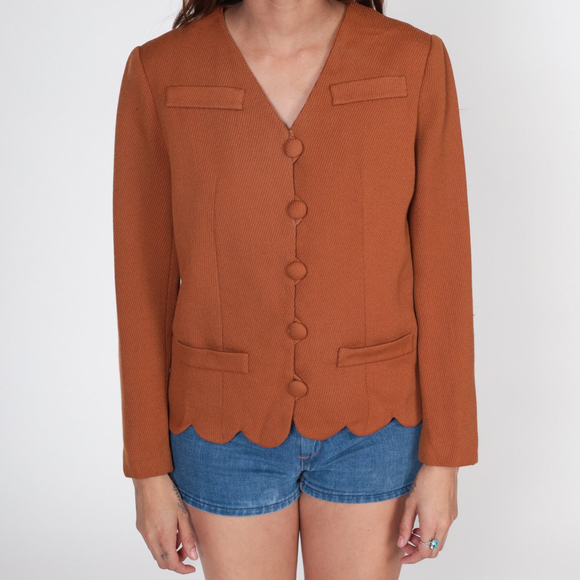 60s Wool Blazer Brown Scalloped Edge Jacket Small