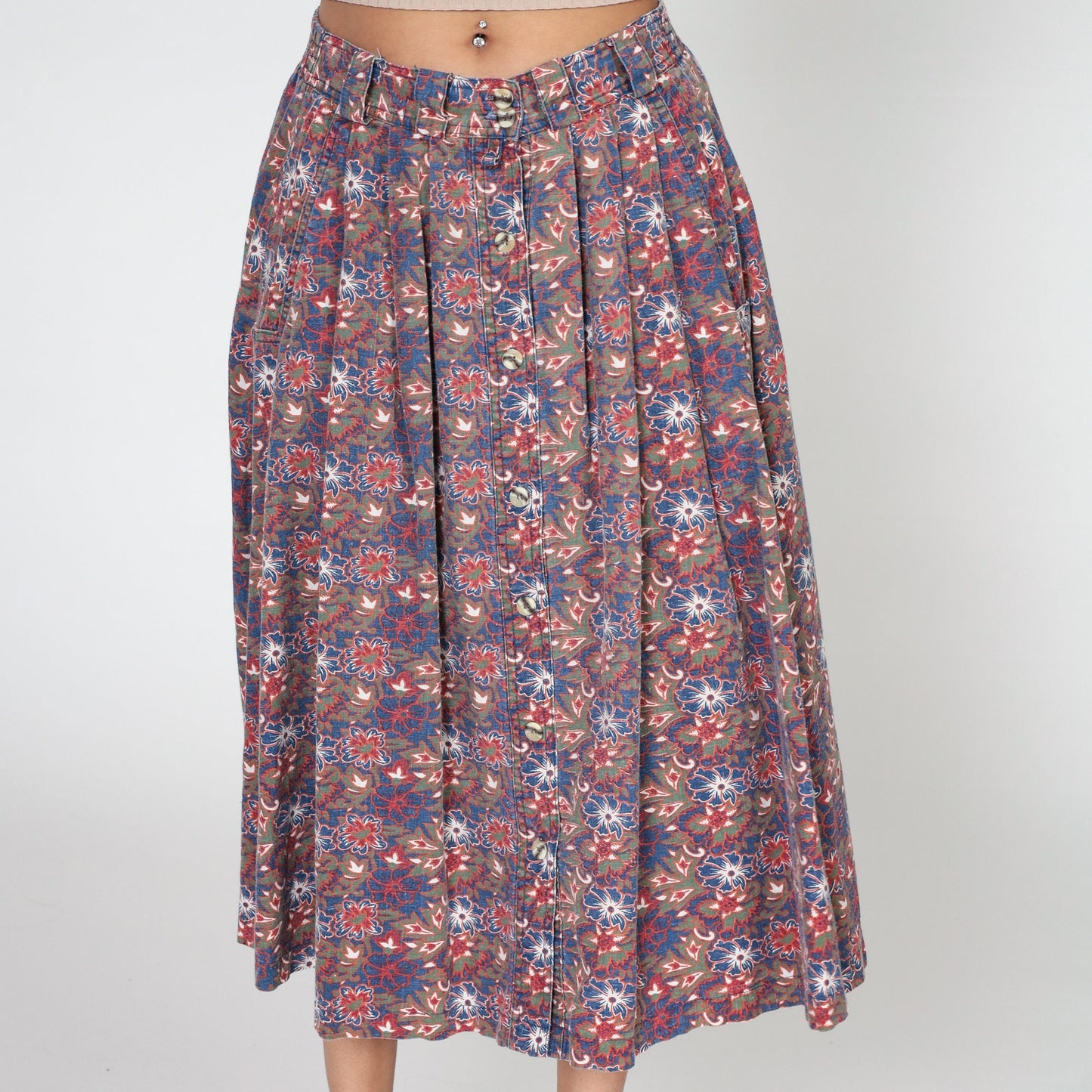 90s Gitano Tropical Floral Pleated Midi Skirt High Waist Button Front Small