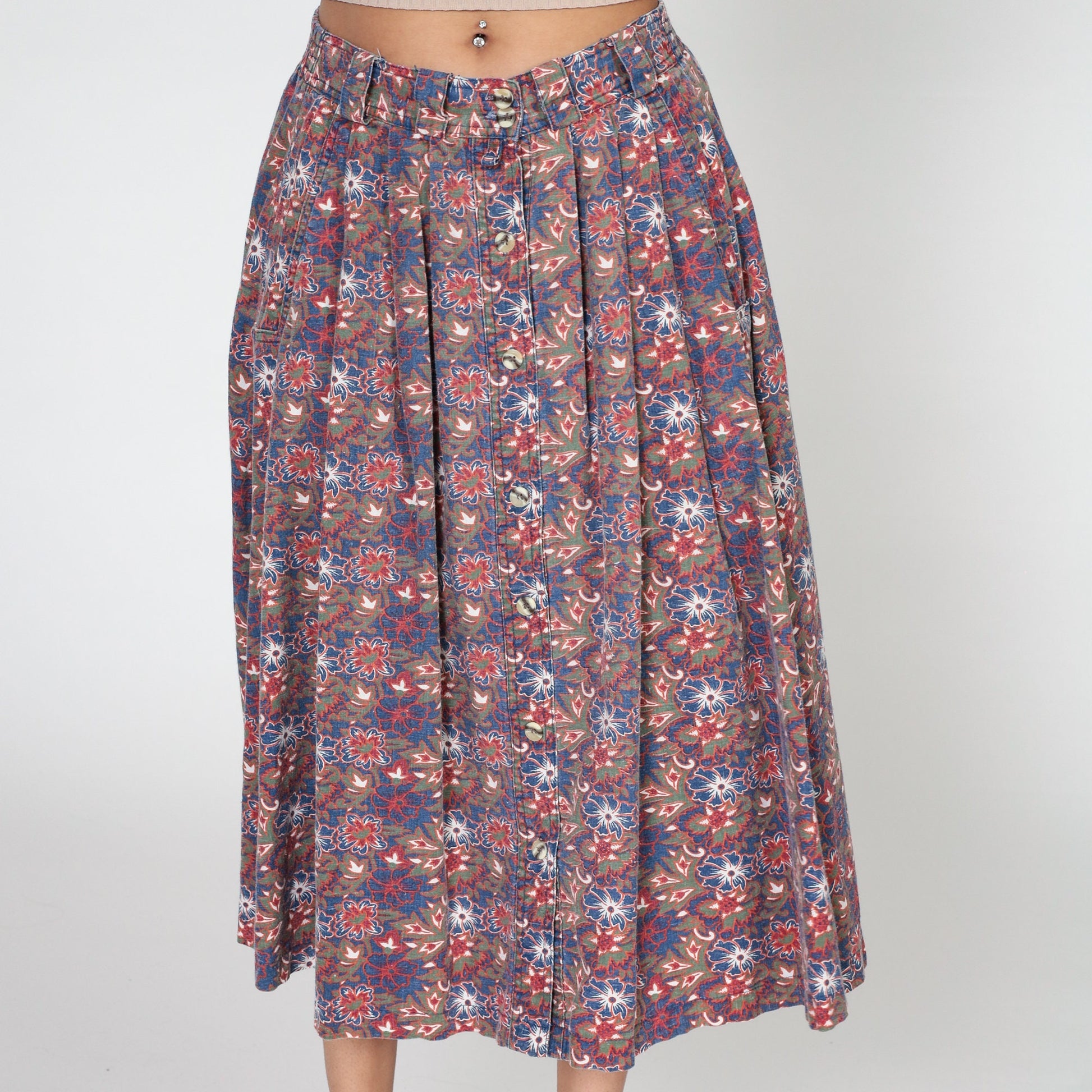 90s Gitano Tropical Floral Pleated Midi Skirt High Waist Button Front Small