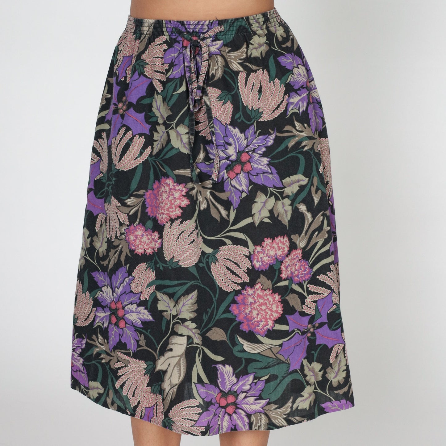 80s Black Floral Midi Skirt High Waist Purple Dahlia Print Small
