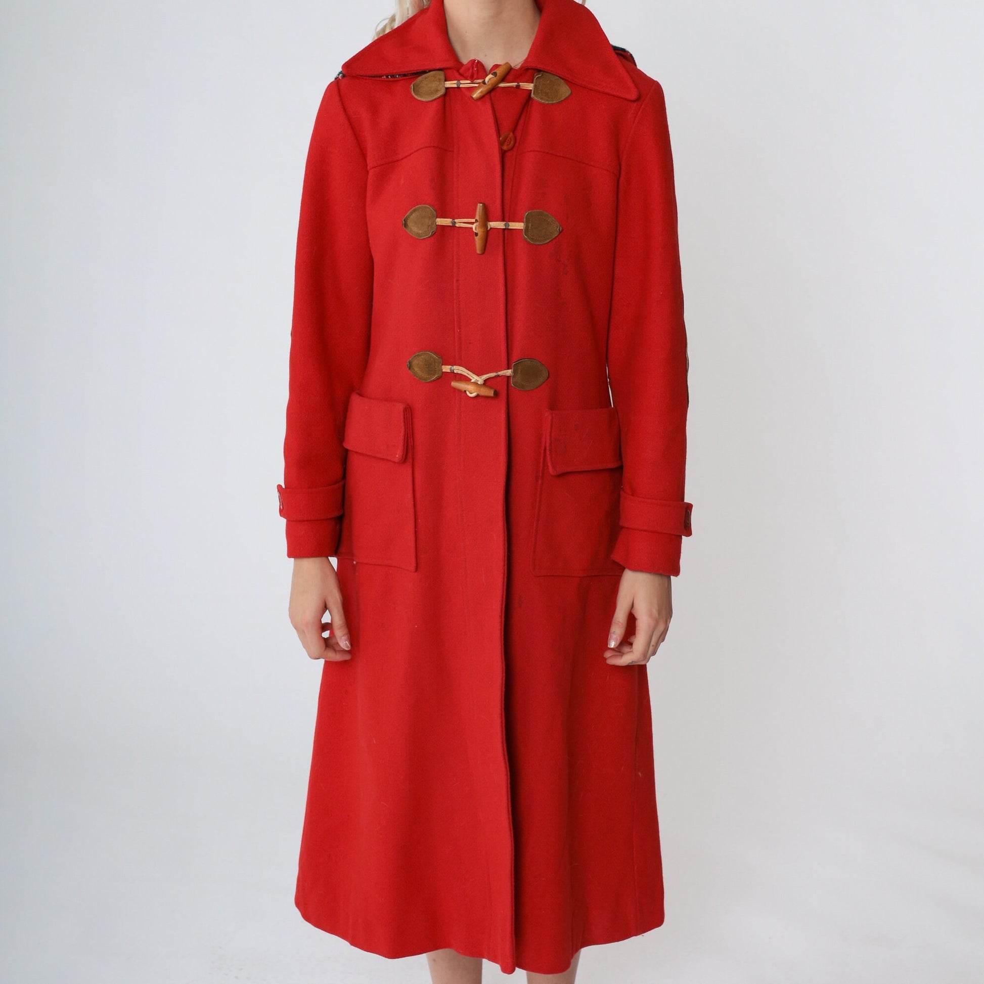70s Red Wool Trench Coat Toggle Buttons Hood Elbow Patches Small