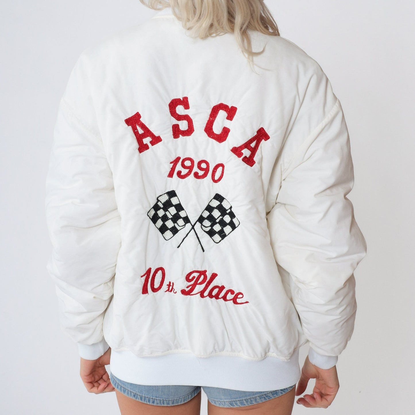 90s ASCA Stock Car Racing Bomber Jacket White Snap Windbreaker Medium