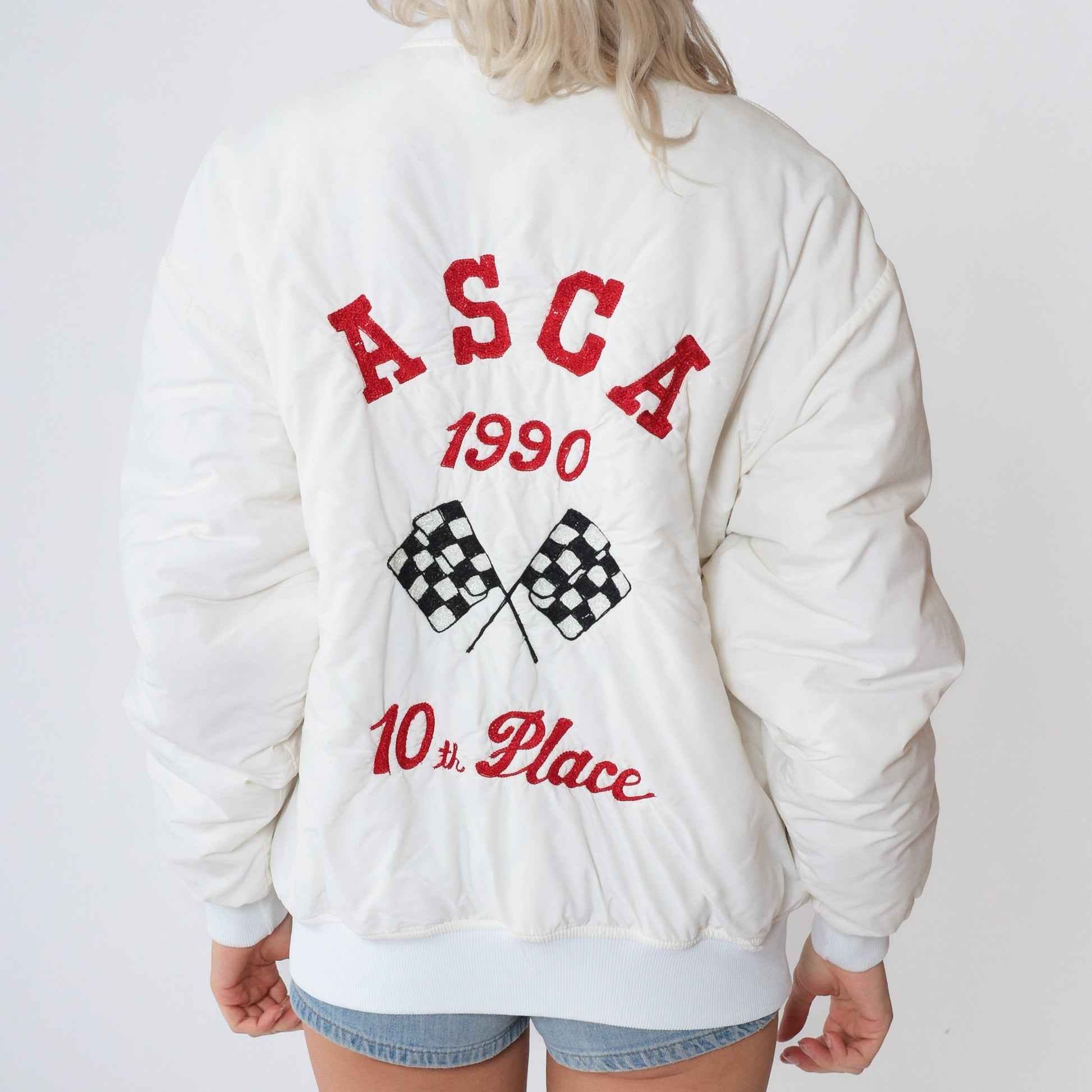 90s ASCA Stock Car Racing Bomber Jacket White Snap Windbreaker Medium