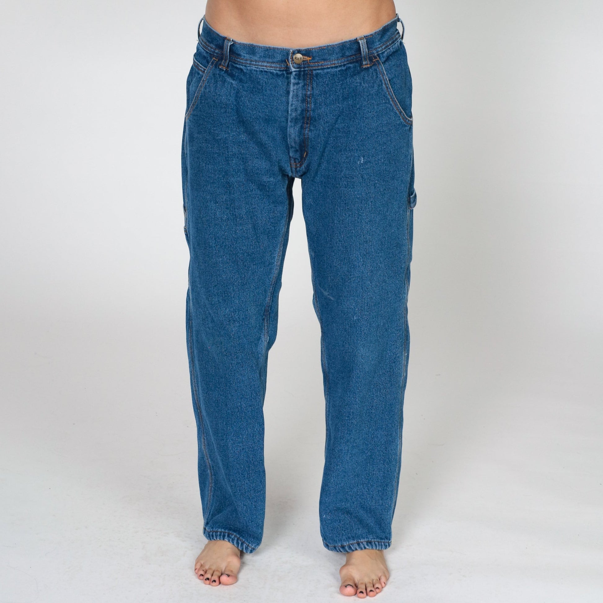 00s Key Carpenter Jeans Blue Denim Fleece Lined Straight Leg Workwear 36x30