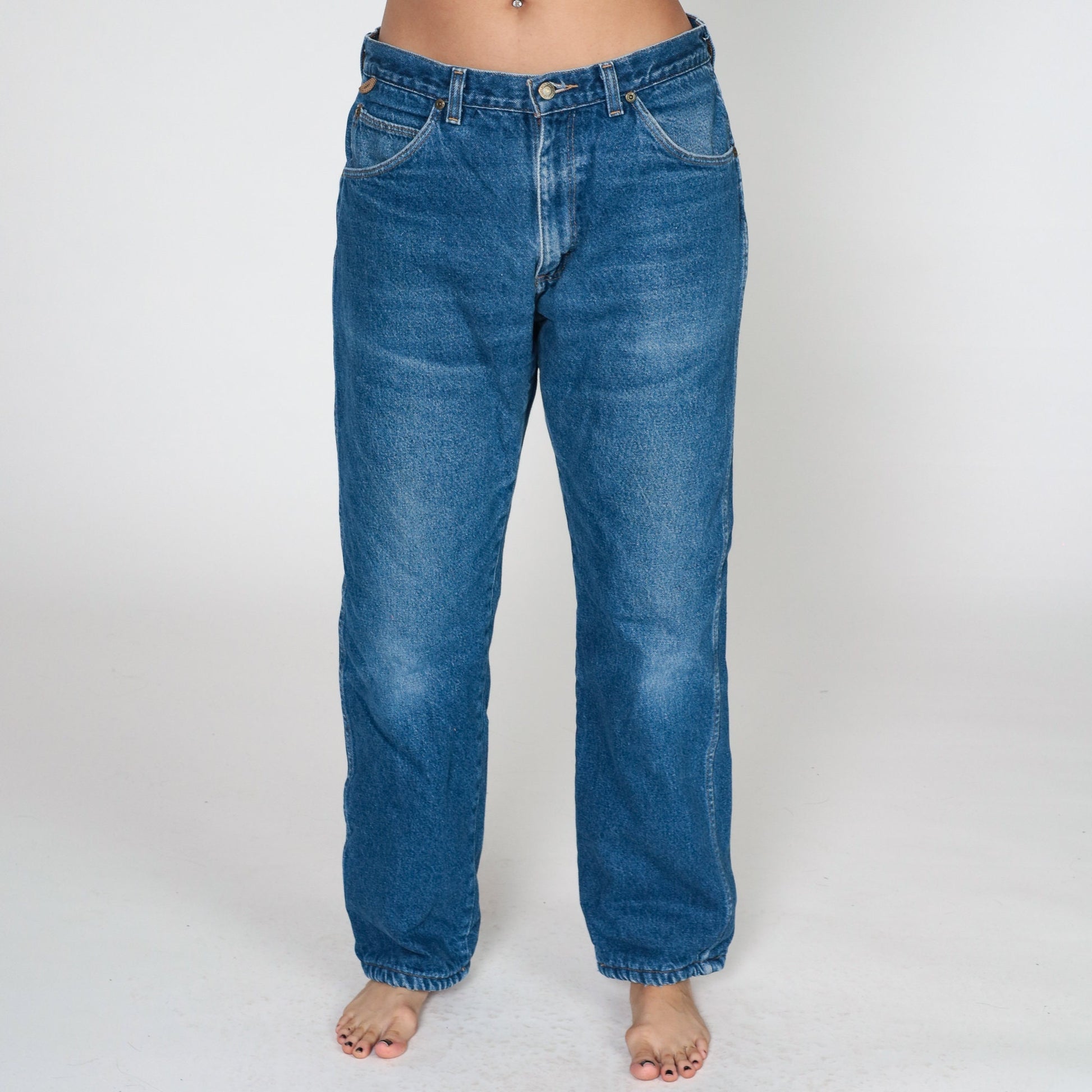 Wrangler Rugged Wear Y2K Fleece-Lined Denim Jeans Blue Straight Leg Large 34x31