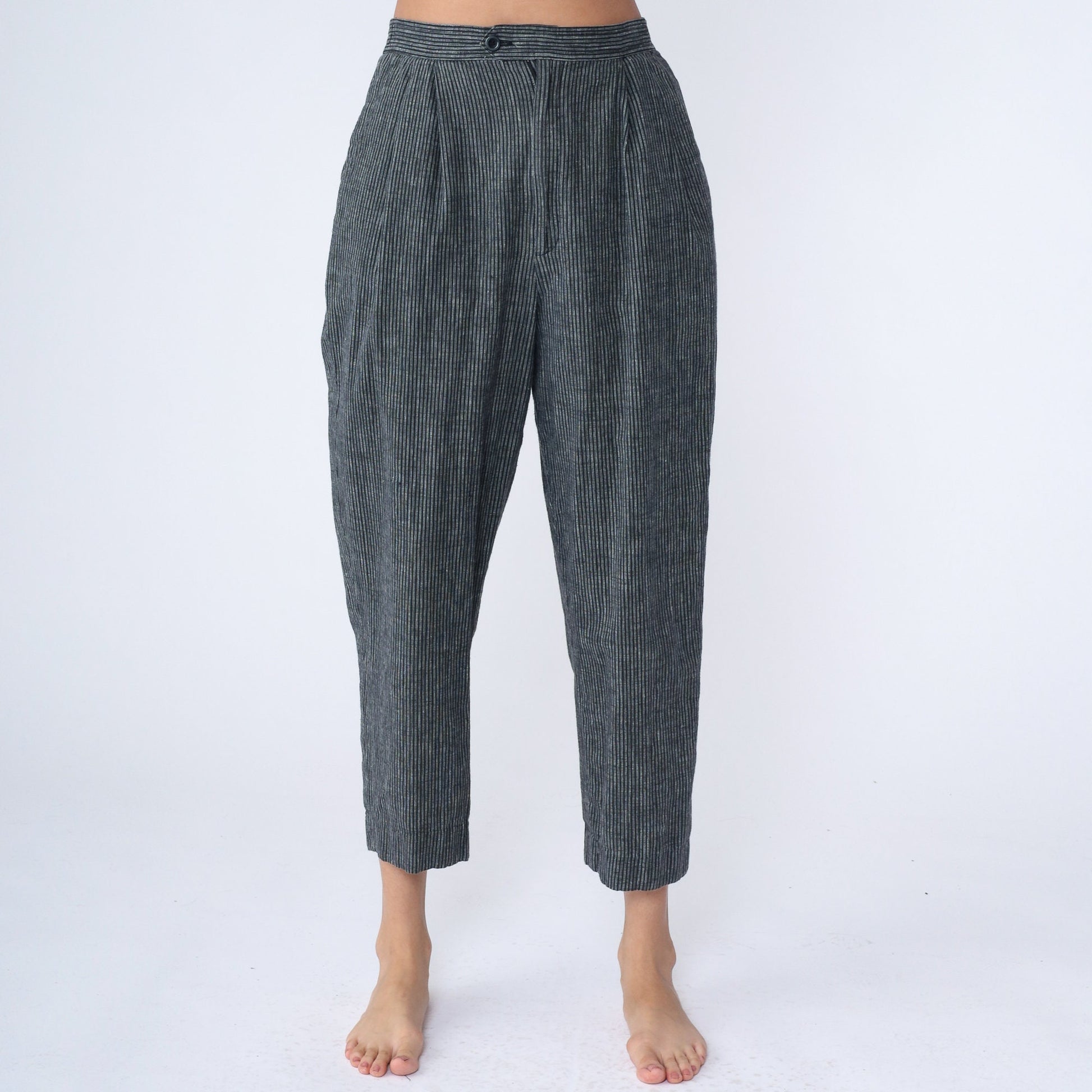 80s Grey Pinstripe High-Rise Trousers Pleated Straight Leg Medium