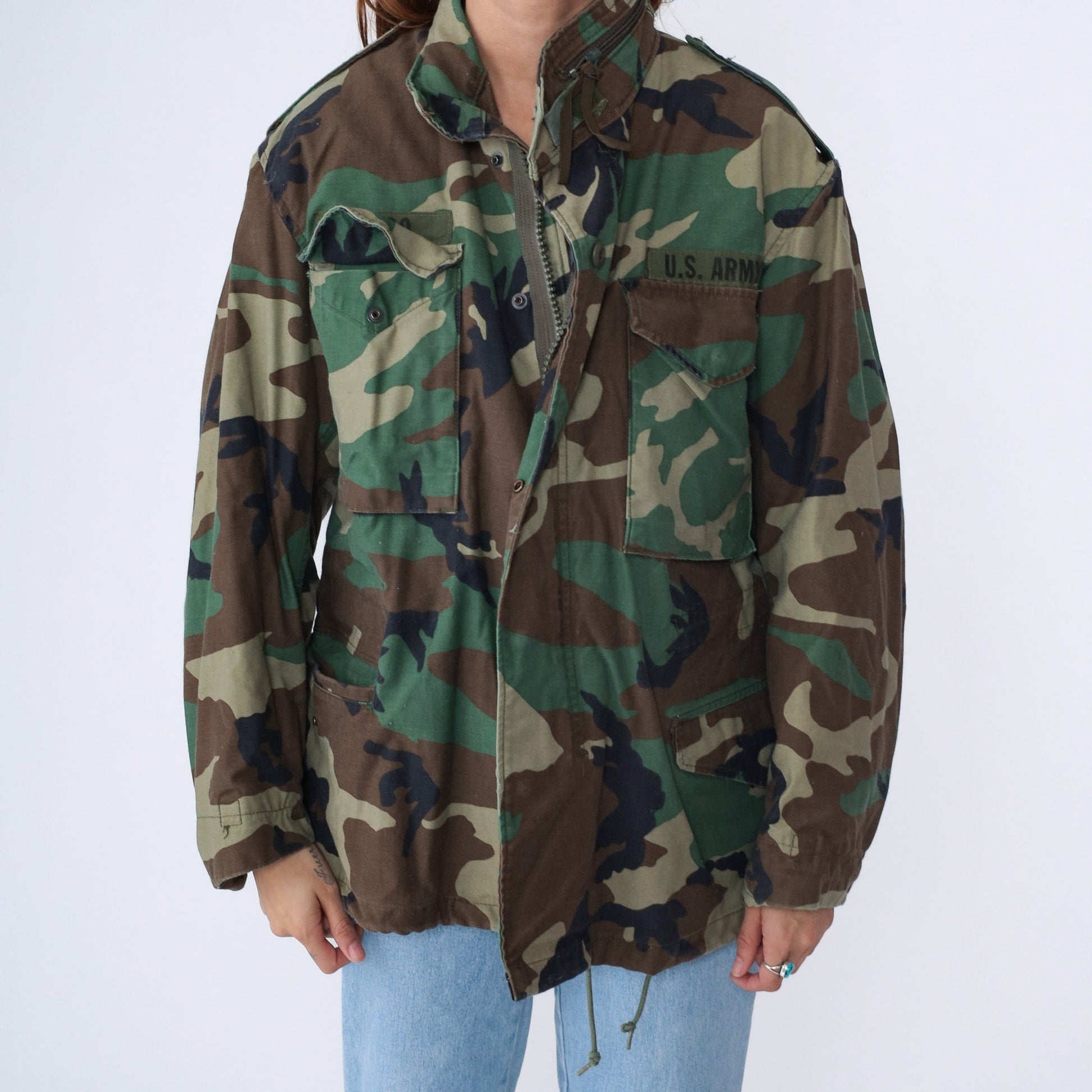 90s US Army Camouflage Field Jacket Utility Patch Zip Medium Short
