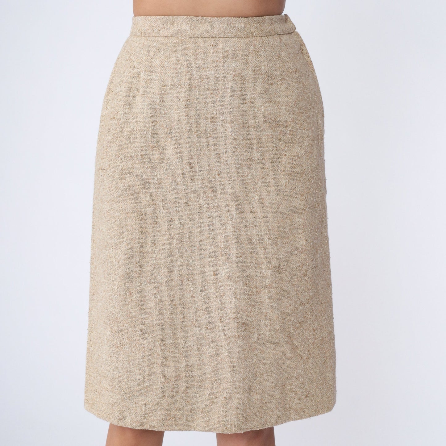 80s Beige Tweed Pencil Skirt Wool High Waist Midi Small