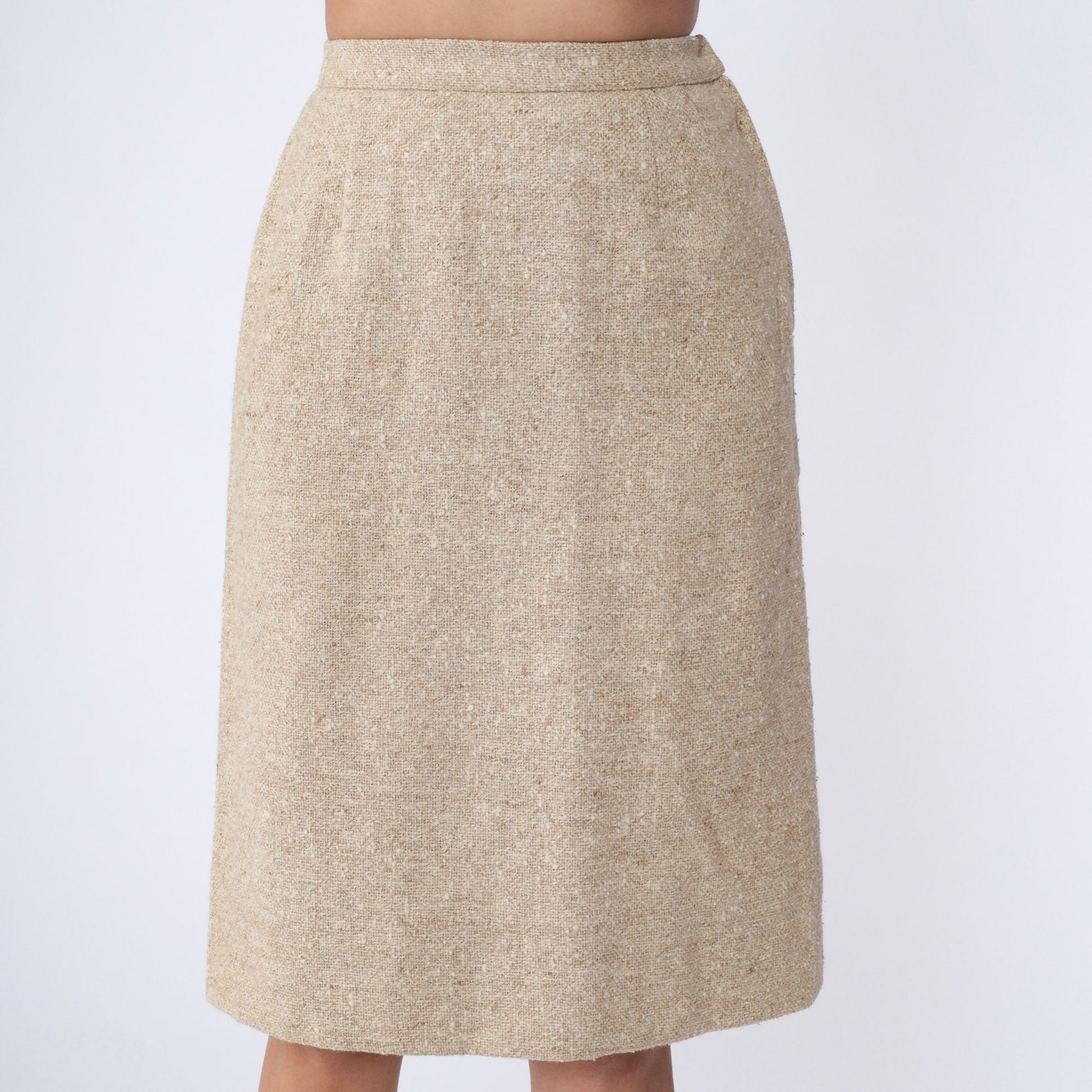 80s Beige Tweed Pencil Skirt Wool High Waist Midi Small