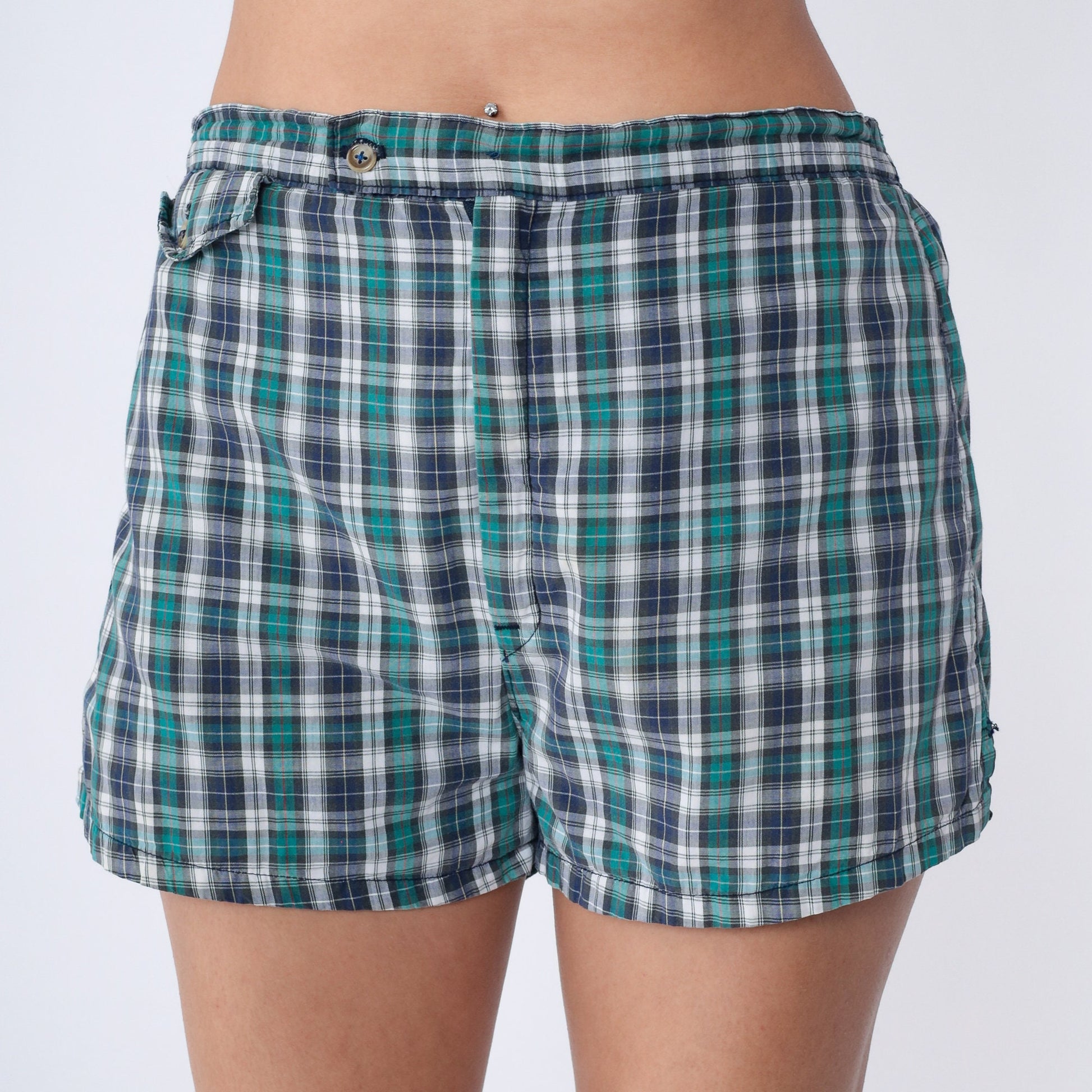 80s LL Bean Plaid Swim Shorts High Waisted Blue Green White Medium
