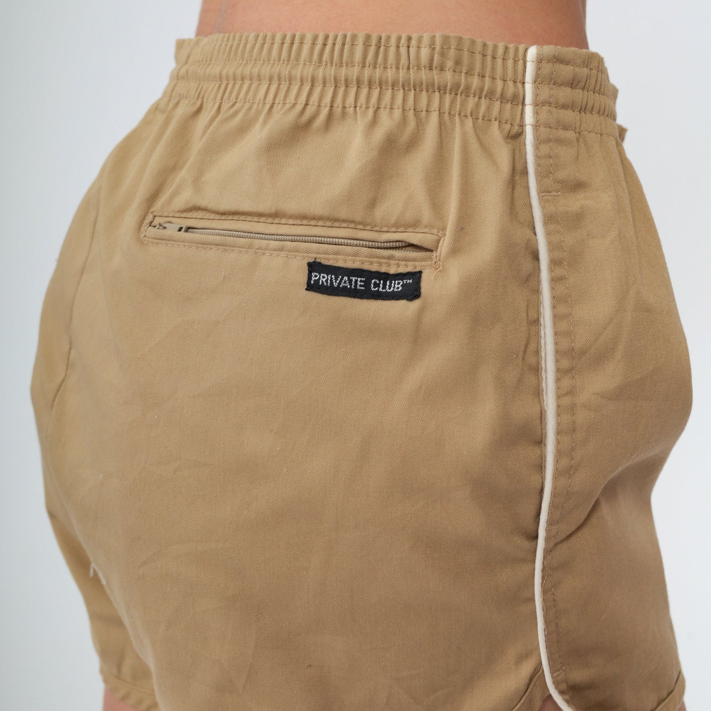 80s Tan Running Shorts White Ringer Trim Mid Rise Cotton Medium
