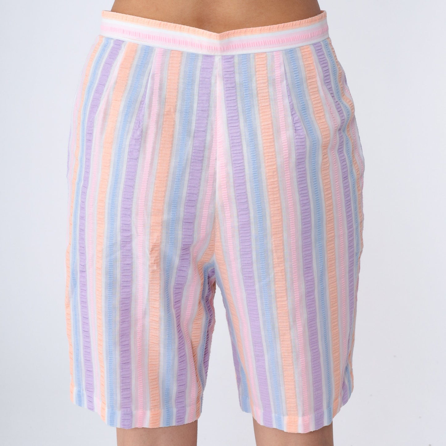 80s Seersucker Shorts High Waist Striped Pink Purple Orange Medium