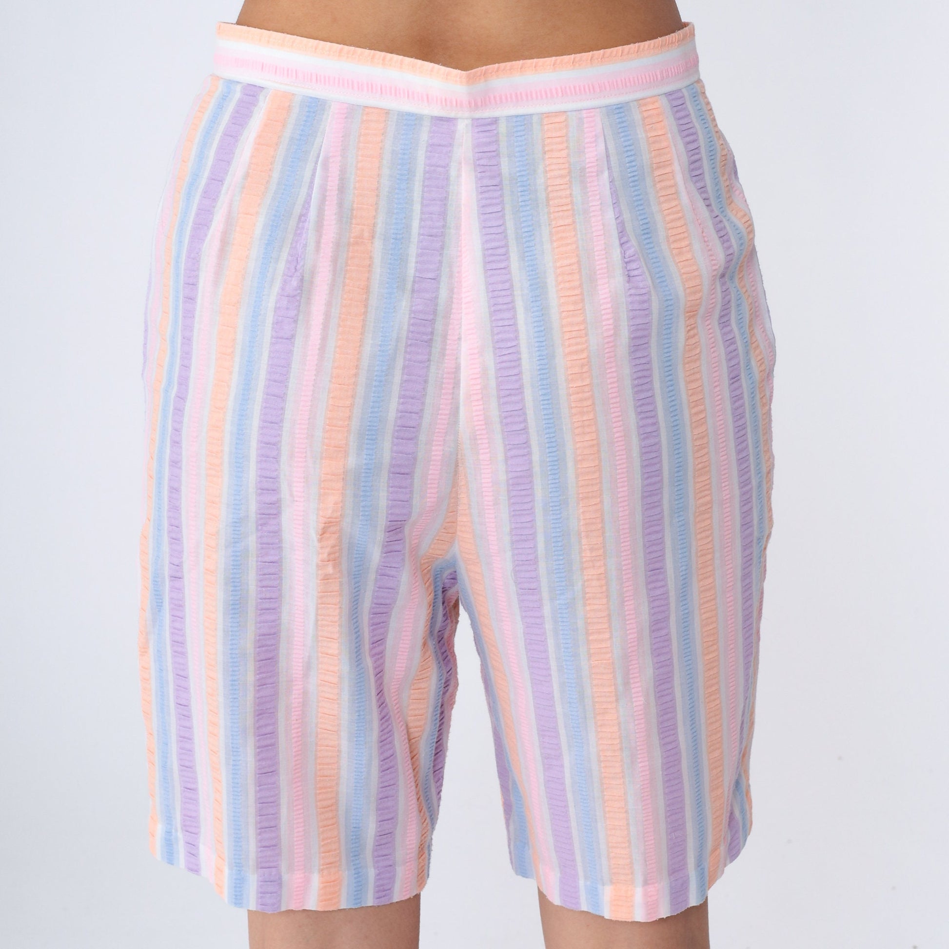 80s Seersucker Shorts High Waist Striped Pink Purple Orange Medium
