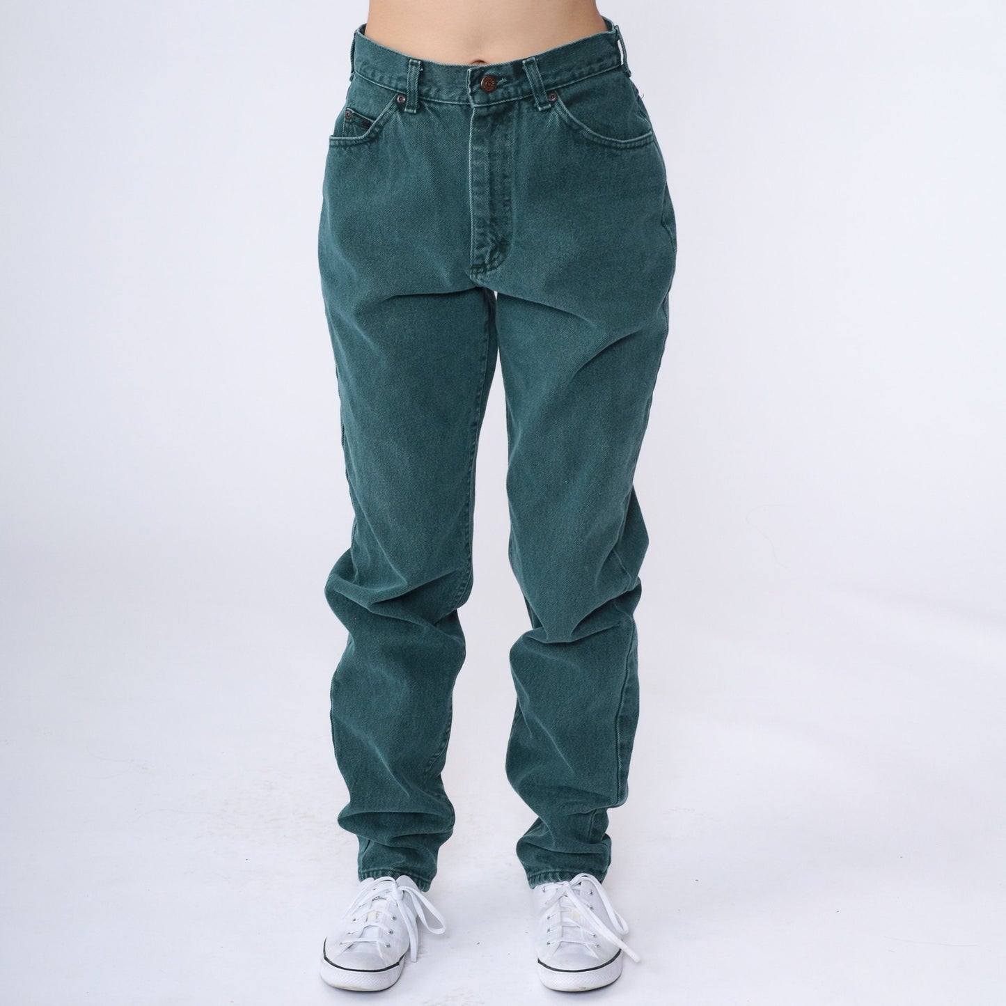90s Lee Dark Green Tapered High-Waist Jeans Cotton Denim Small