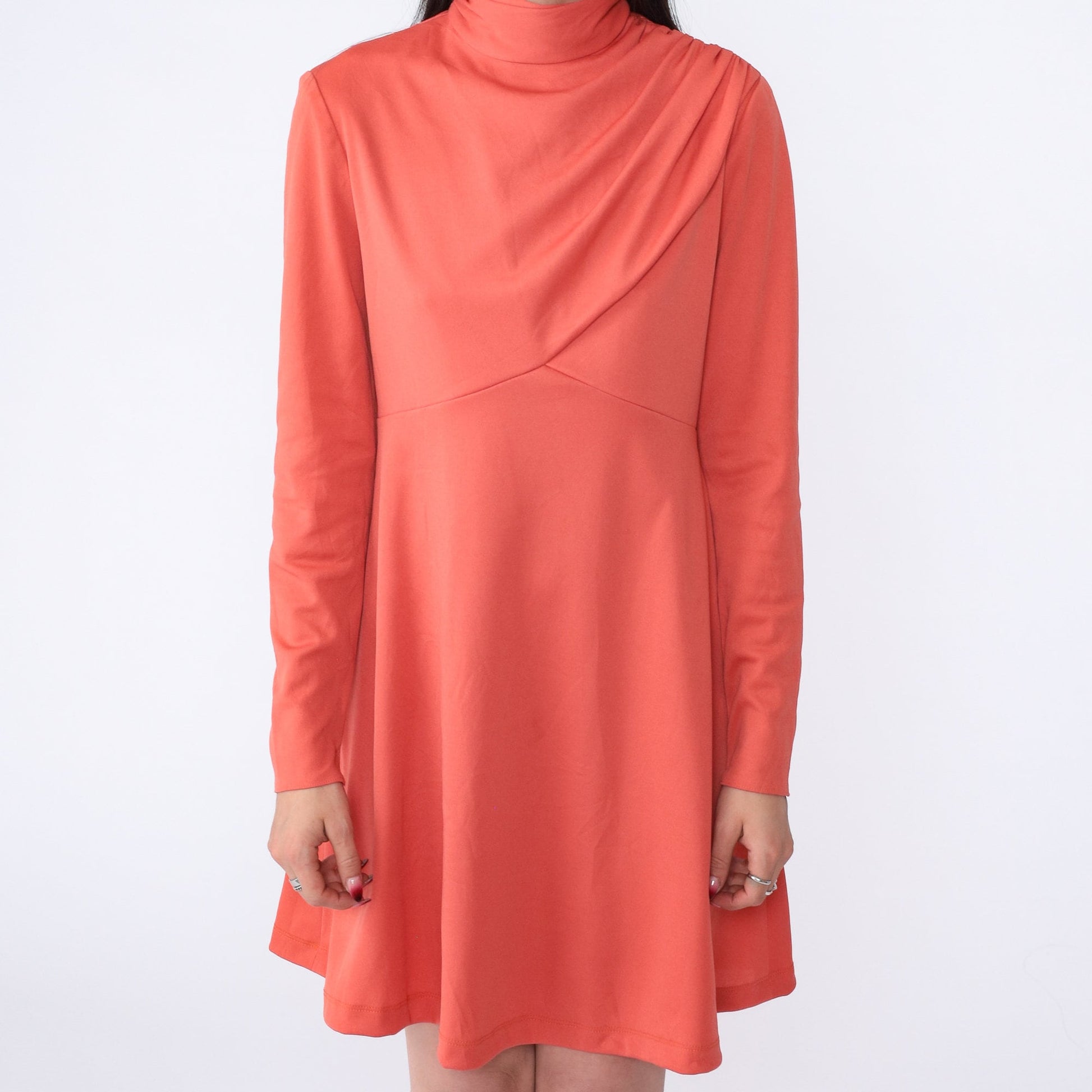 70s Orange Empire Waist Mock Neck Mini Dress Long Sleeve Medium