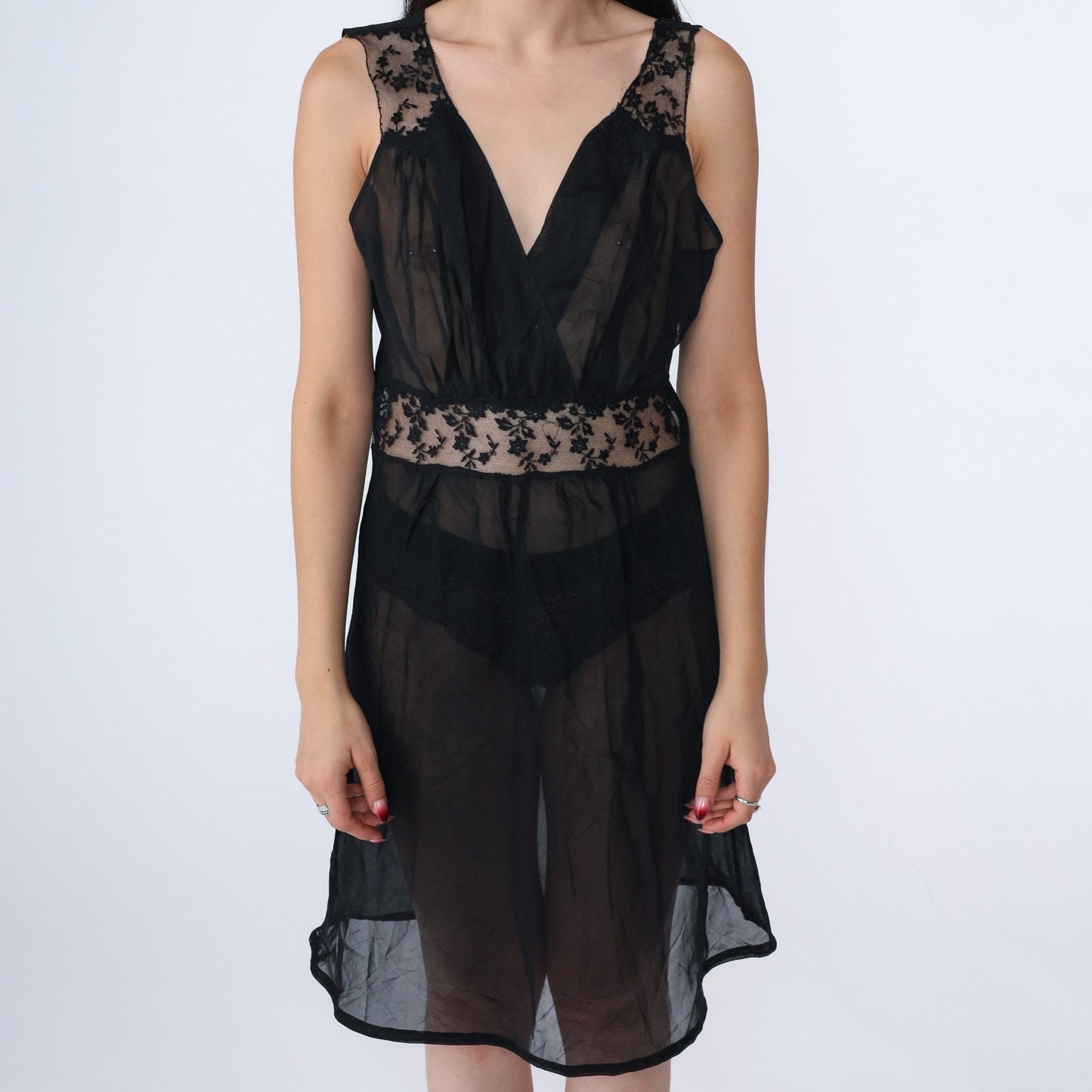60s Black Lace Slip Dress Low V-Neck Nightgown Small S