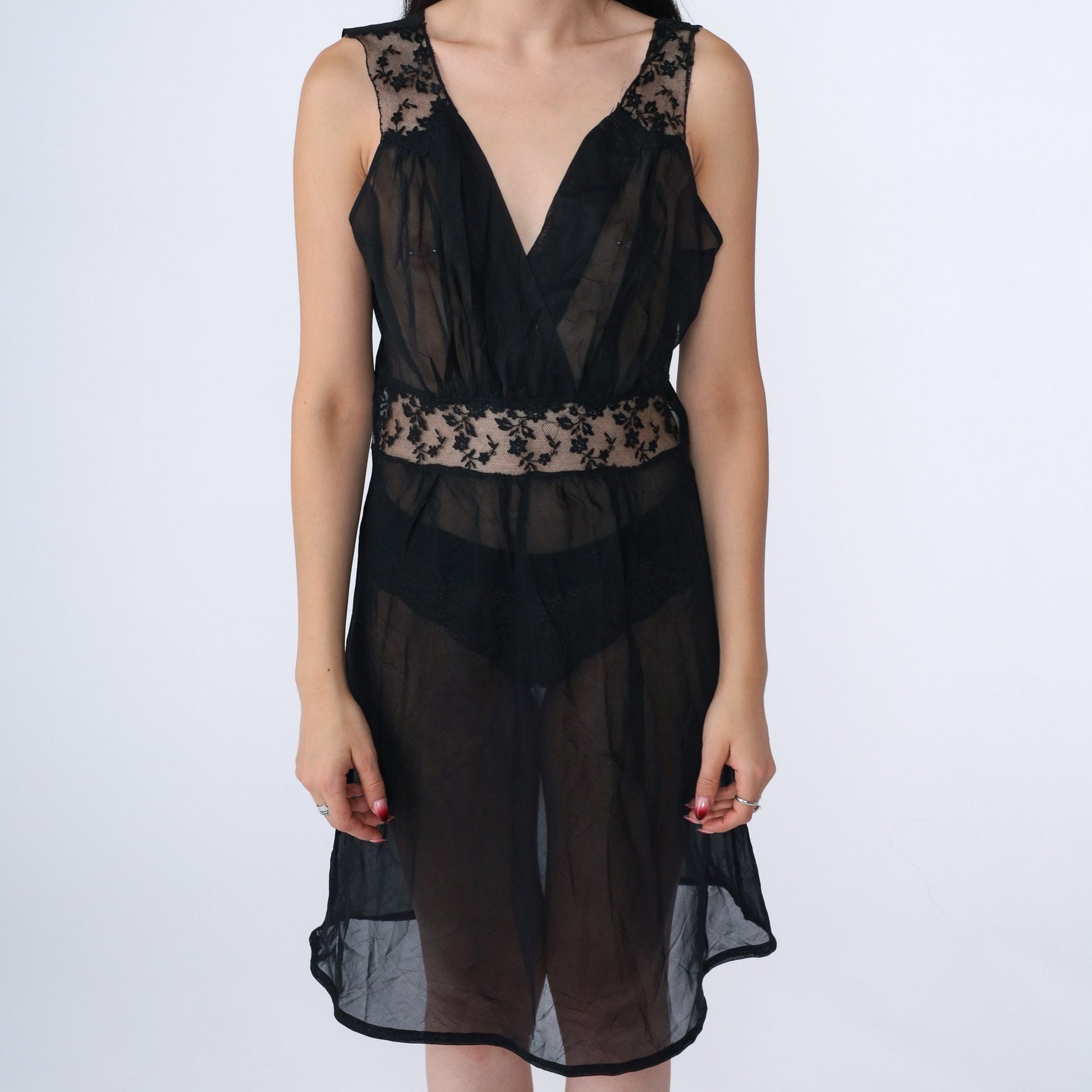60s Black Lace Slip Dress Low V-Neck Nightgown Small S