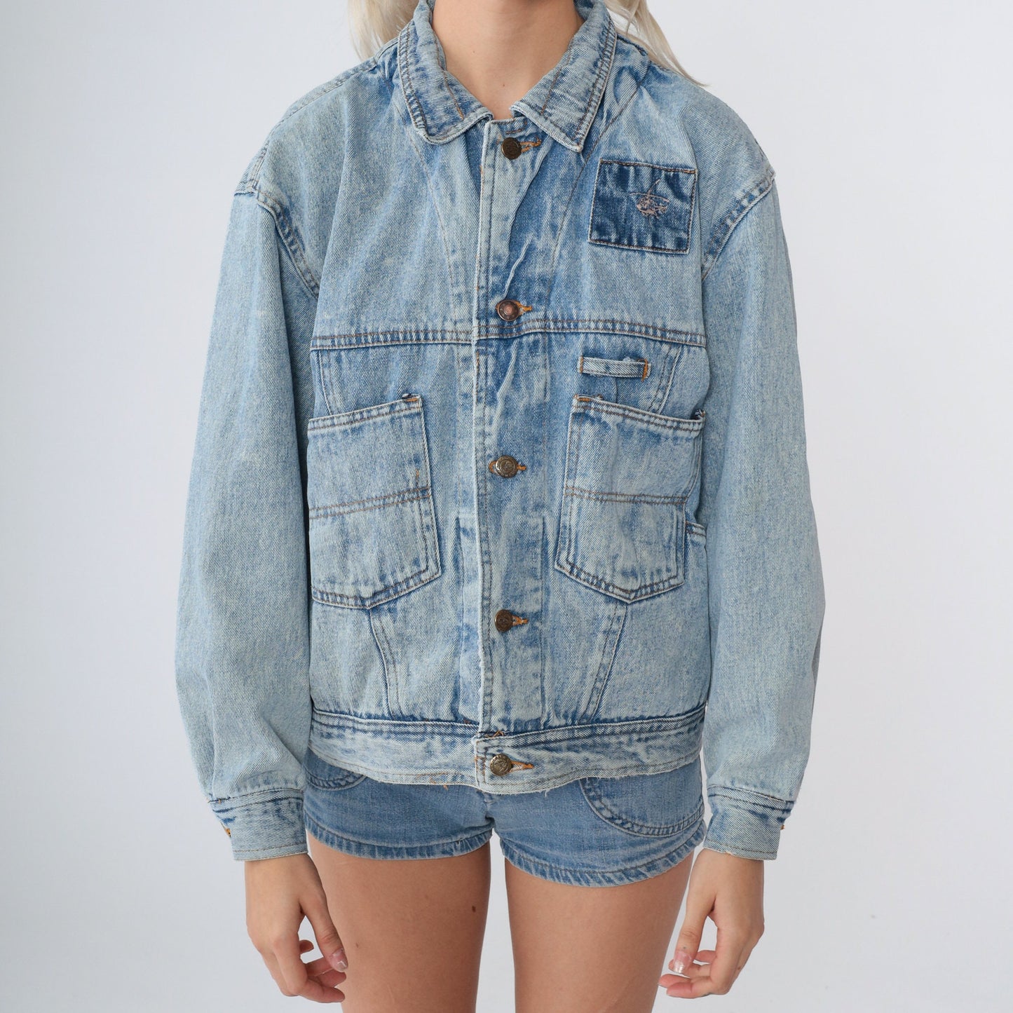 90s Denim Cargo Jacket Blue Jean Helicopter Embroidered Utility Pockets Small