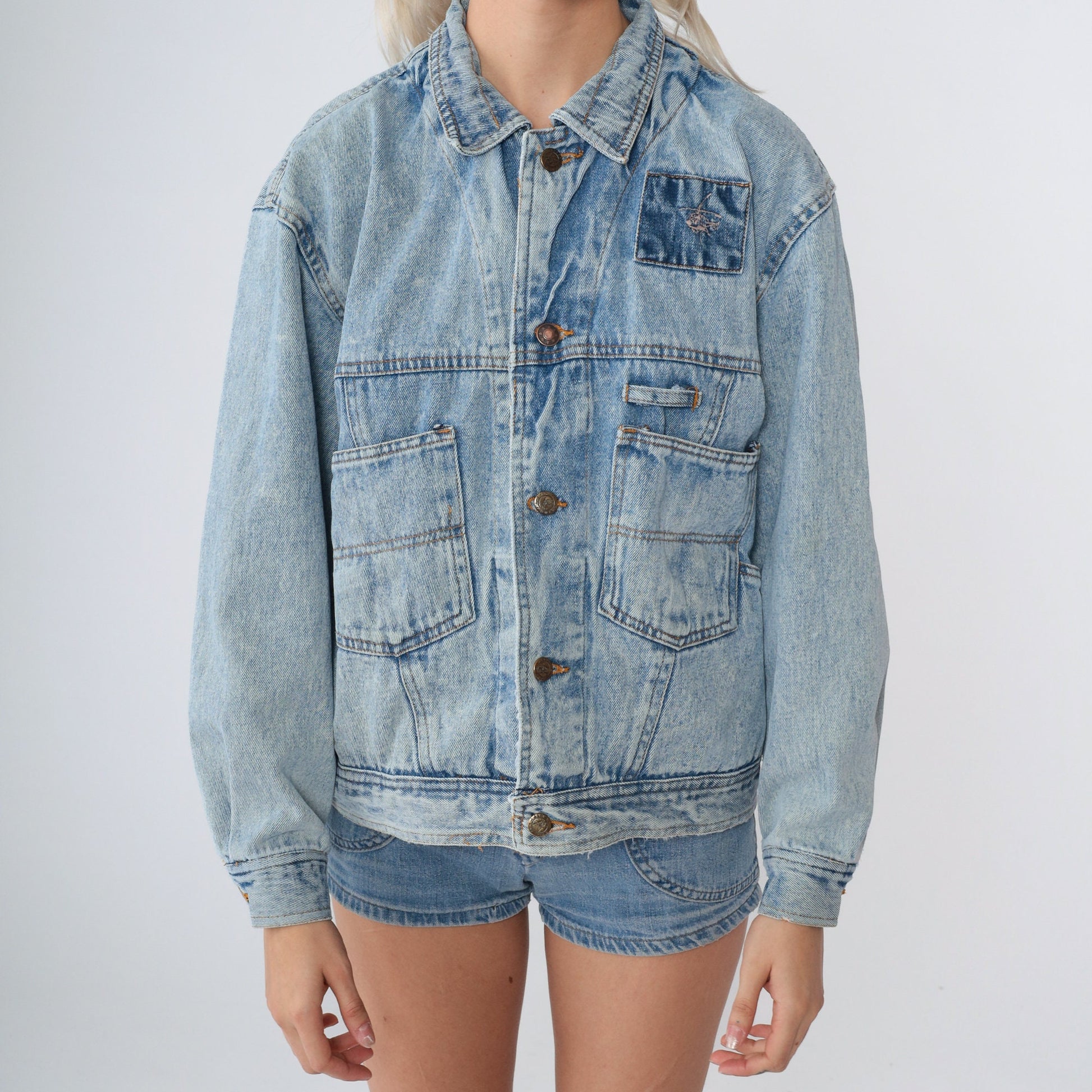 90s Denim Cargo Jacket Blue Jean Helicopter Embroidered Utility Pockets Small