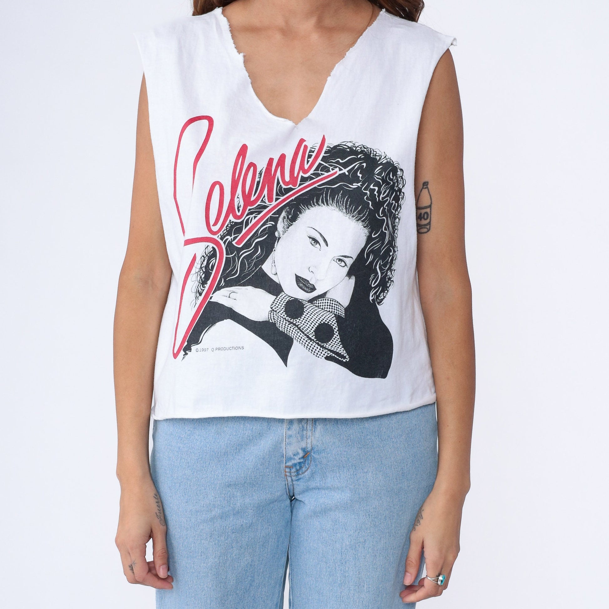 90s Selena Quintanilla Tank Top White Cutoff Crop V-Neck Small Medium