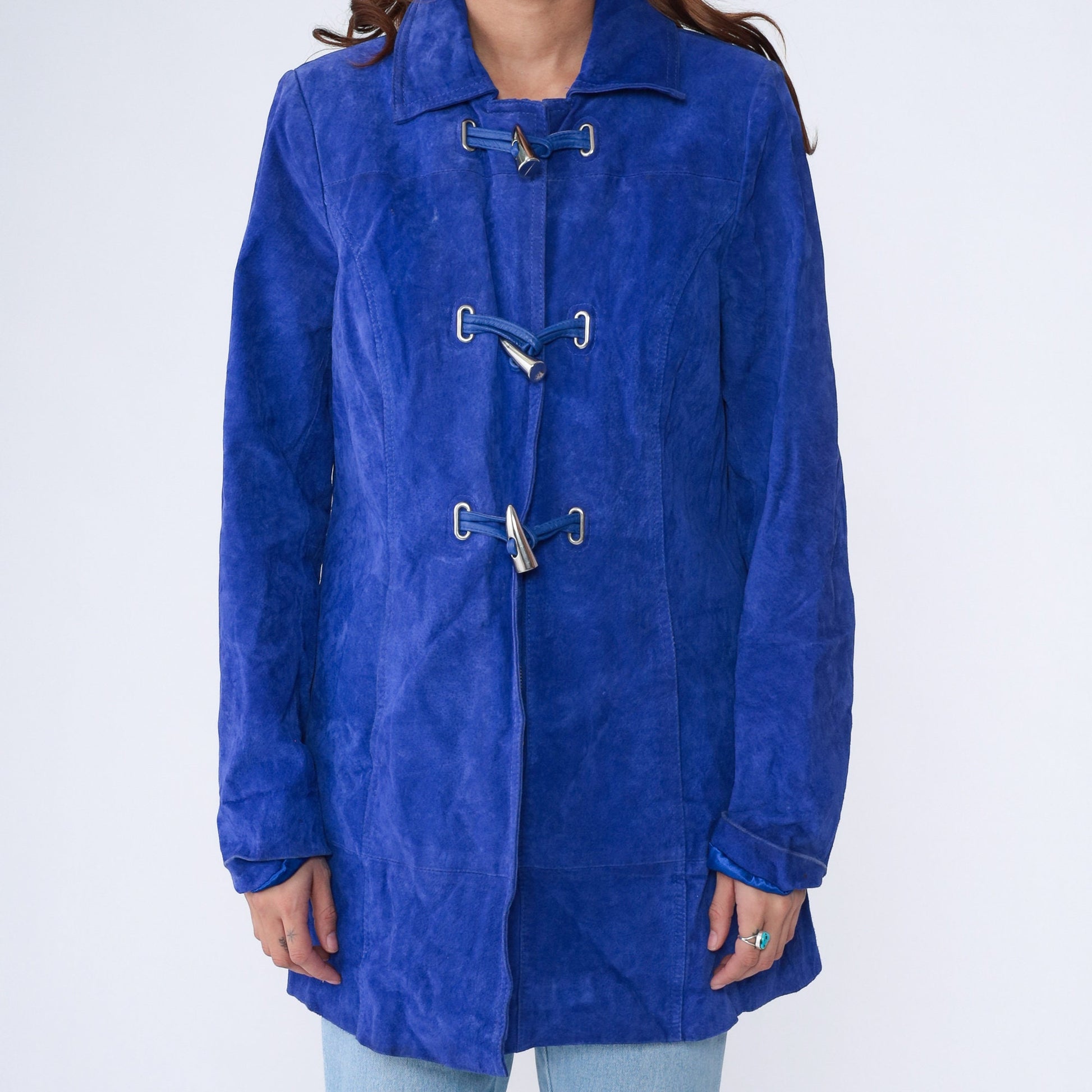 Y2K Royal Blue Suede Jacket Toggle Button Longline Small