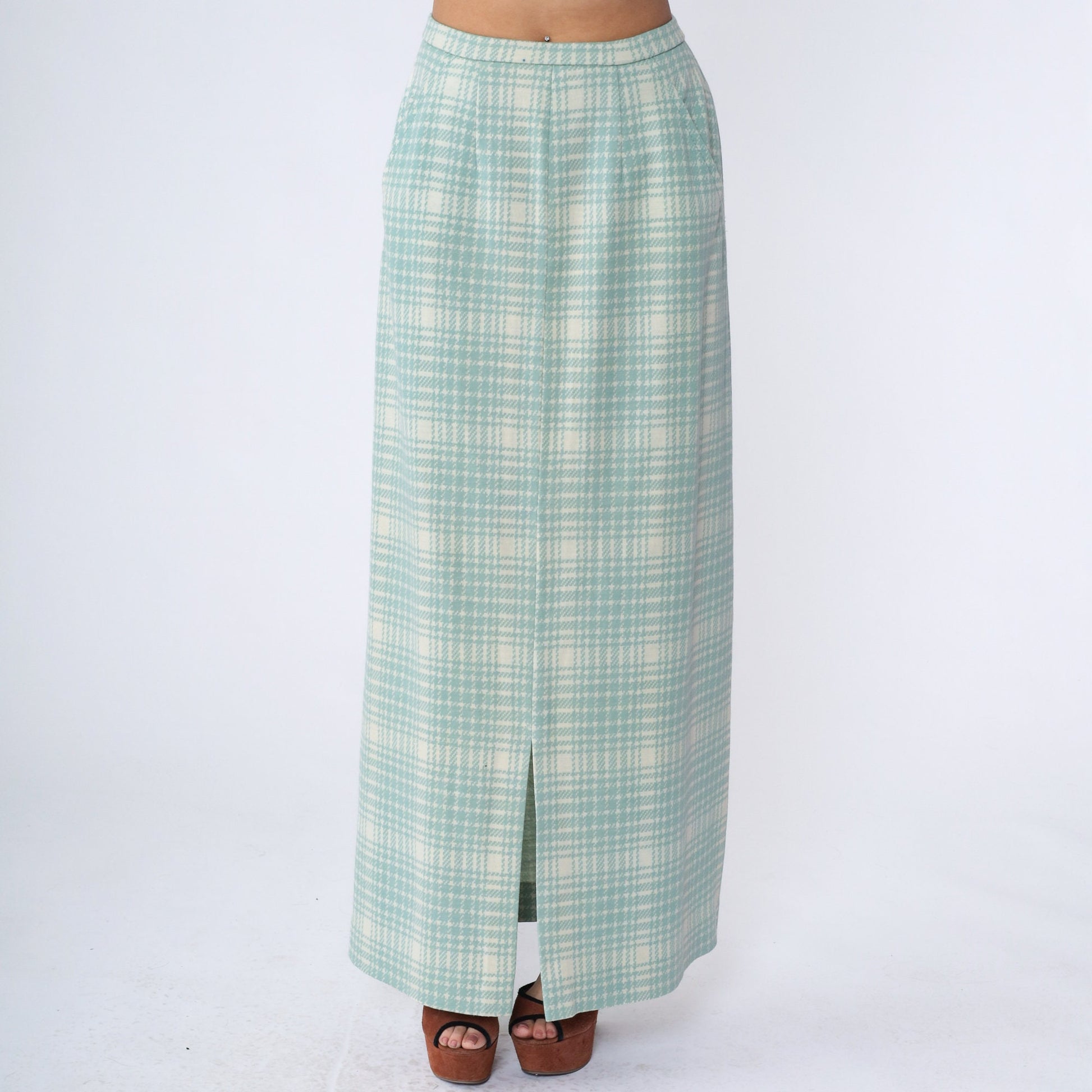 70s Mint Cream Plaid Maxi Skirt High Waisted Tartan Long Skirt Medium