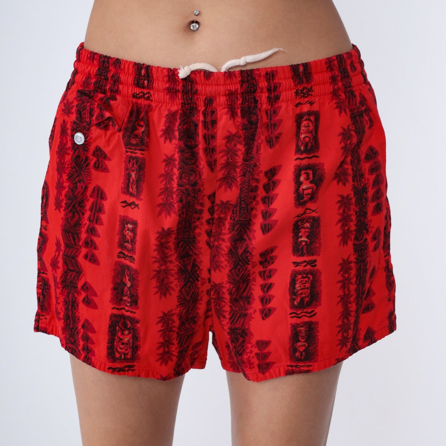 80s Red Hawaiian Tiki Print Swim Trunks Gold Details Medium