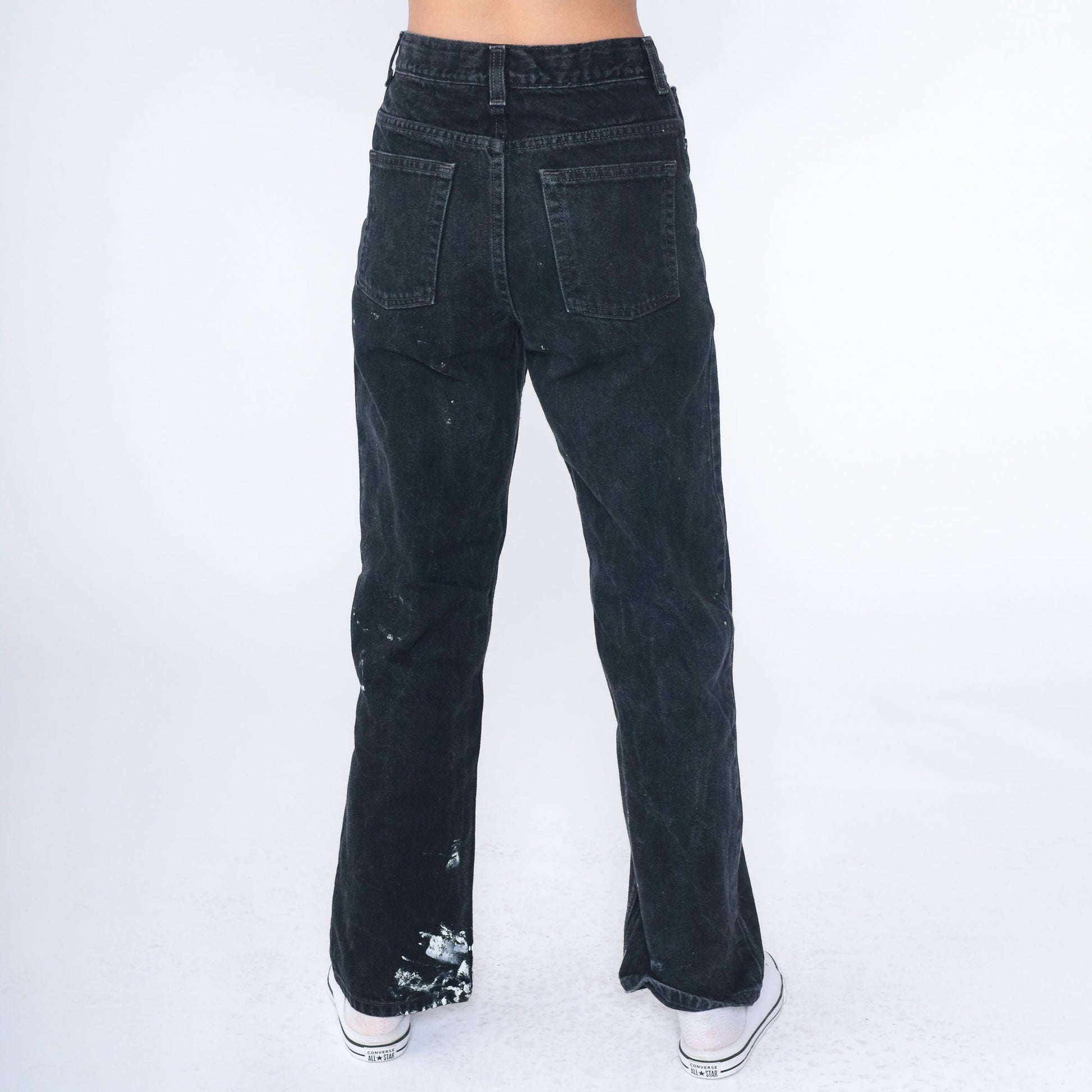 90s Black Denim Jeans Paint Splatter Mid Rise Straight Leg Small S