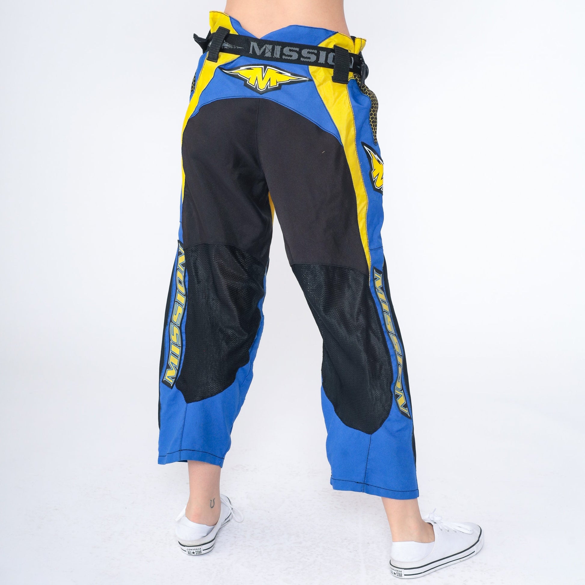 Y2K Mission Motocross Pants Yellow Blue Black Cropped Ankle Medium