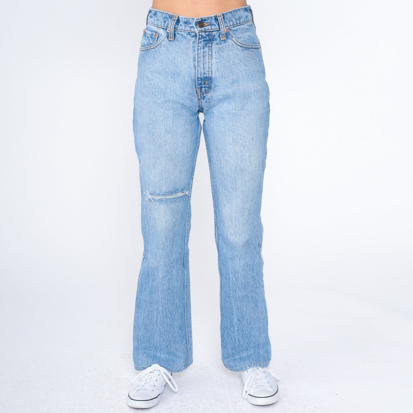Levis 607 90s High Waist Bootcut Jeans Blue Denim Knee Rip Small